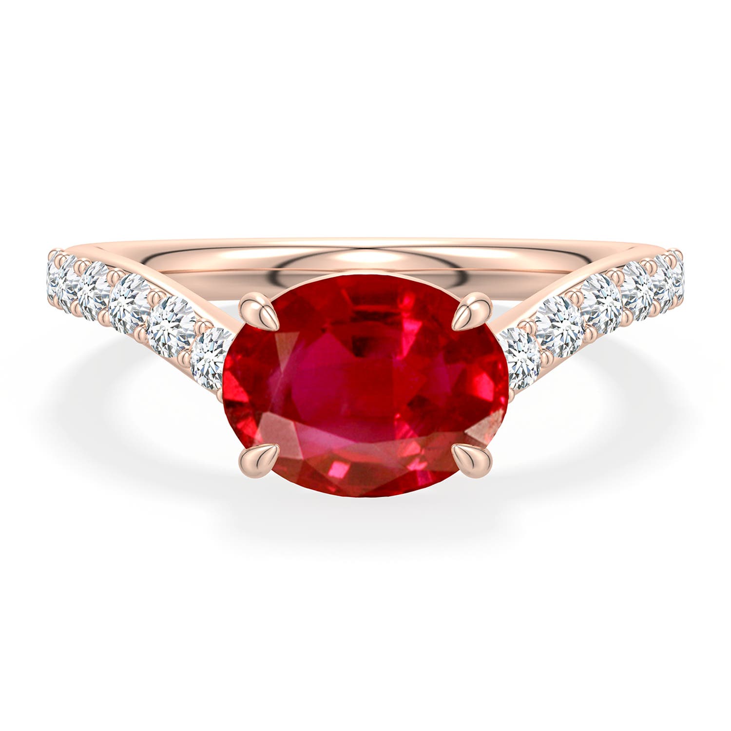 9x7mm AAA East-West Oval Ruby Curved Engagement Ring with Accents in Rose Gold - main