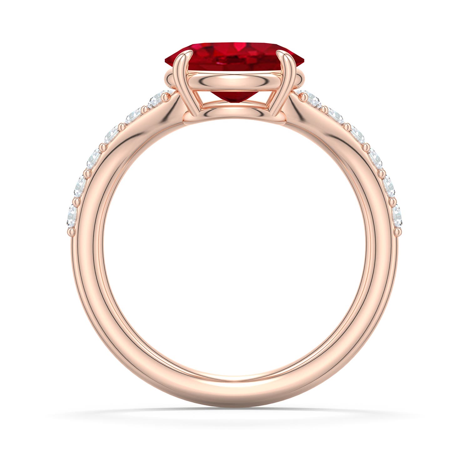 9x7mm AAA East-West Oval Ruby Curved Engagement Ring with Accents in Rose Gold - side 1