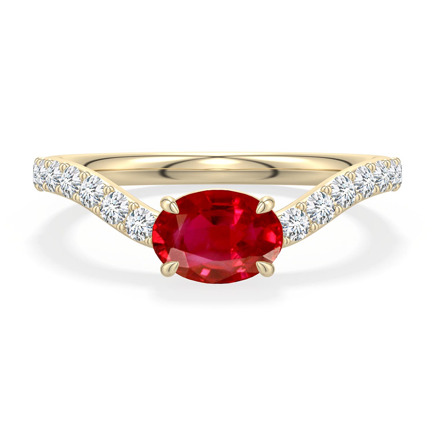 7x5mm AAA East-West Oval Ruby Curved Engagement Ring with Accents in Yellow Gold - main