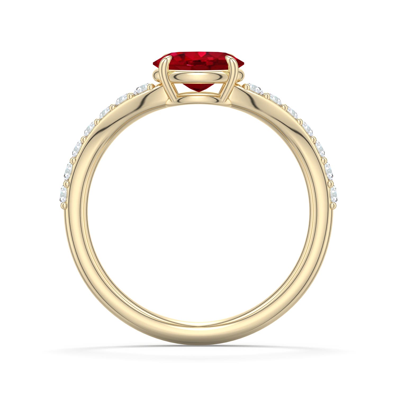 7x5mm AAA East-West Oval Ruby Curved Engagement Ring with Accents in Yellow Gold - side 1