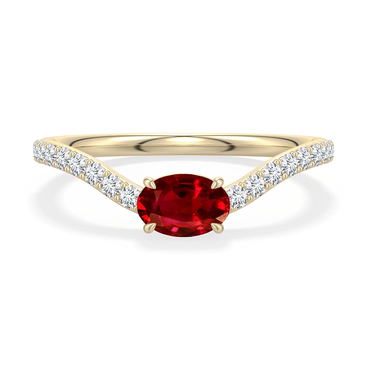 6x4mm AAAA East-West Oval Ruby Curved Engagement Ring with Accents in Yellow Gold - main