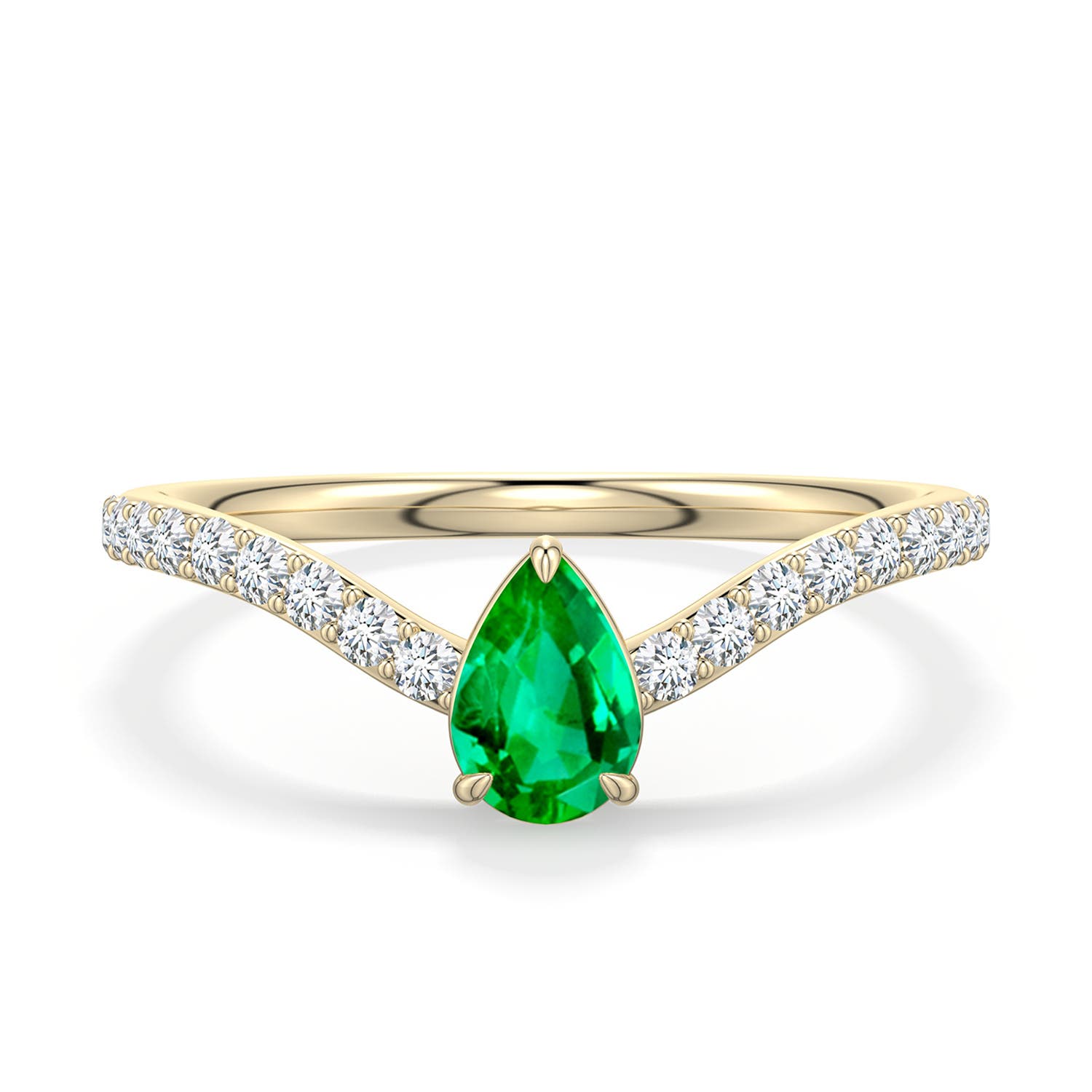 6x4mm AAA Pear Emerald Curved Engagement Ring with Accents in Yellow Gold - main