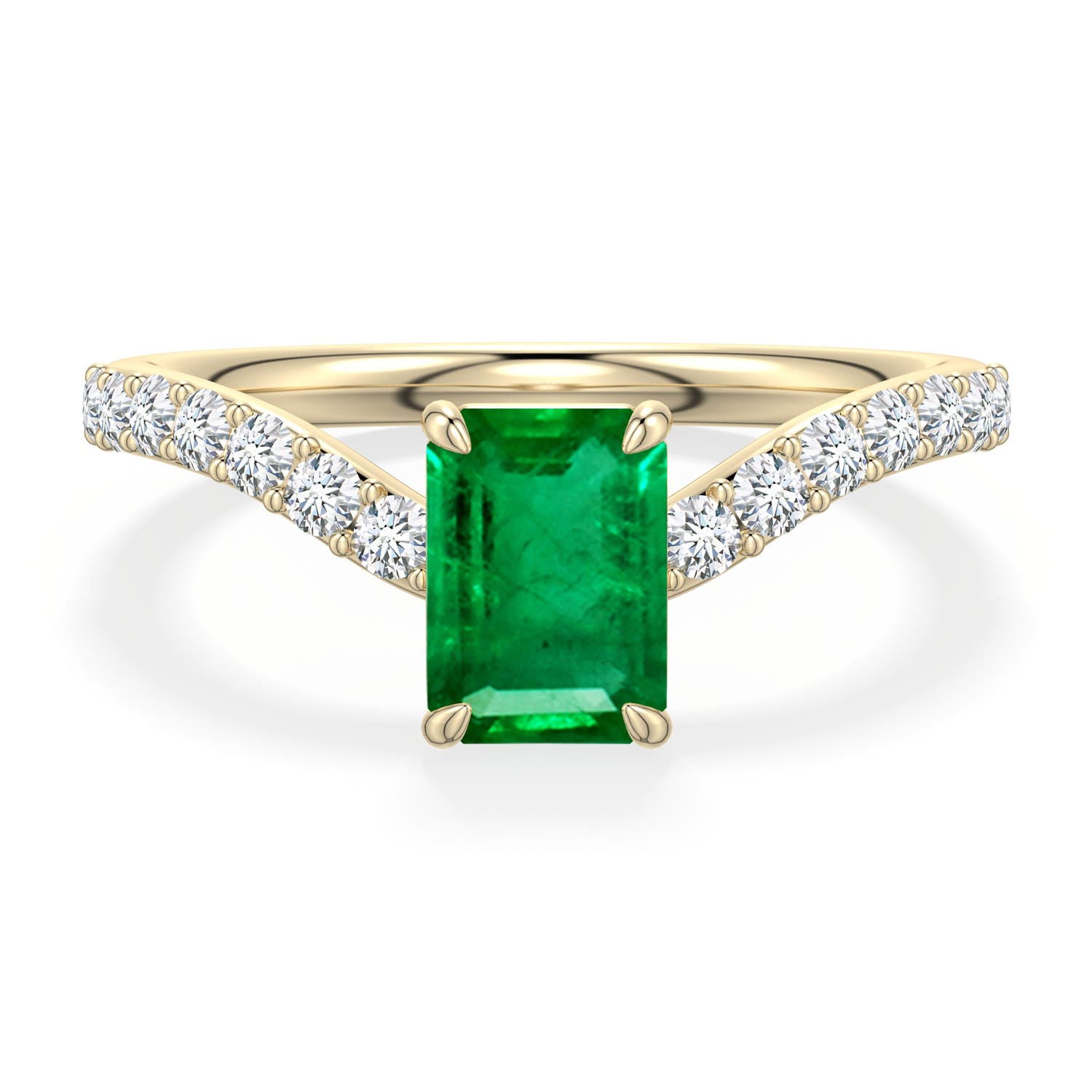 7x5mm AAA Emerald-Cut Emerald Curved Engagement Ring with Accents in Yellow Gold - main
