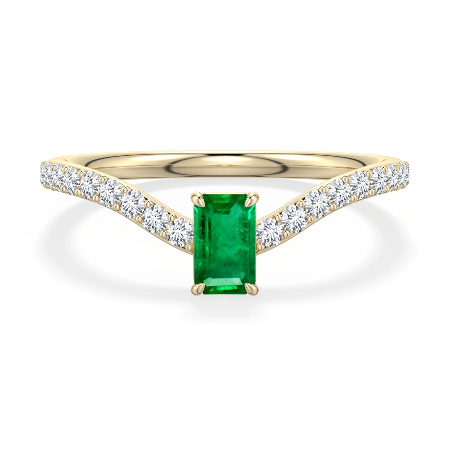 5x3mm AAA Emerald-Cut Emerald Curved Engagement Ring with Accents in 18K Yellow Gold - main