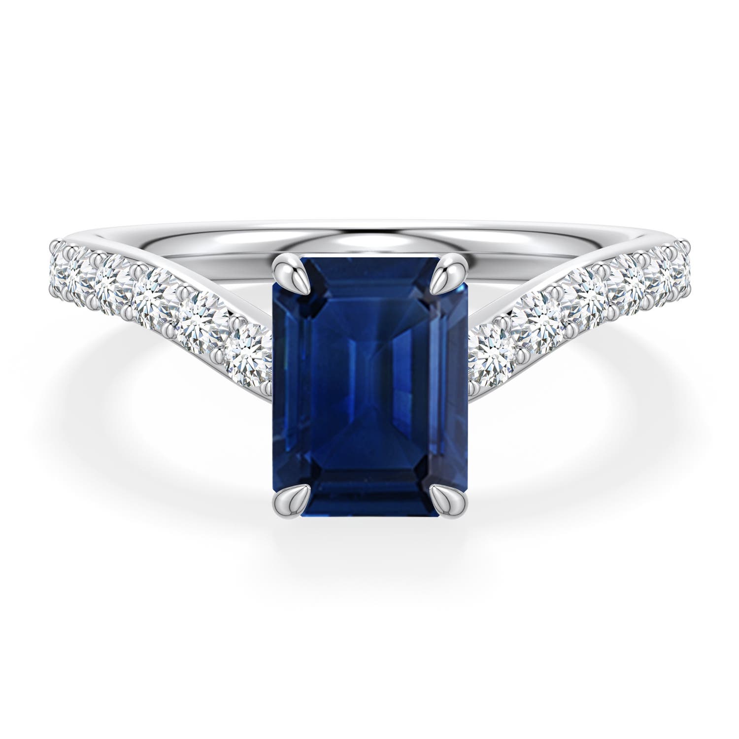 8x6mm AAA Emerald-Cut Blue Sapphire Curved Engagement Ring with Accents in White Gold - main