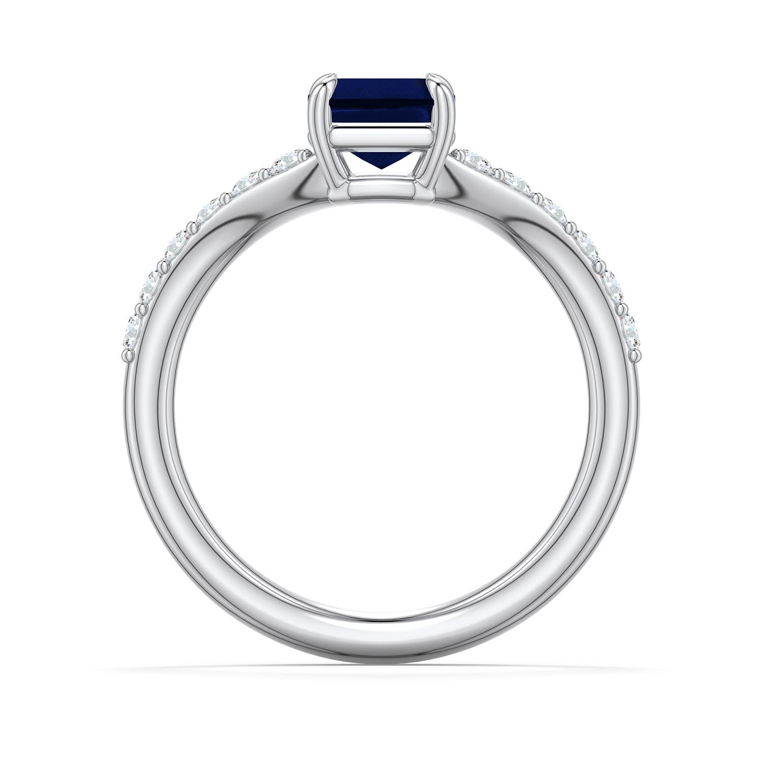 8x6mm AAA Emerald-Cut Blue Sapphire Curved Engagement Ring with Accents in White Gold - side 1