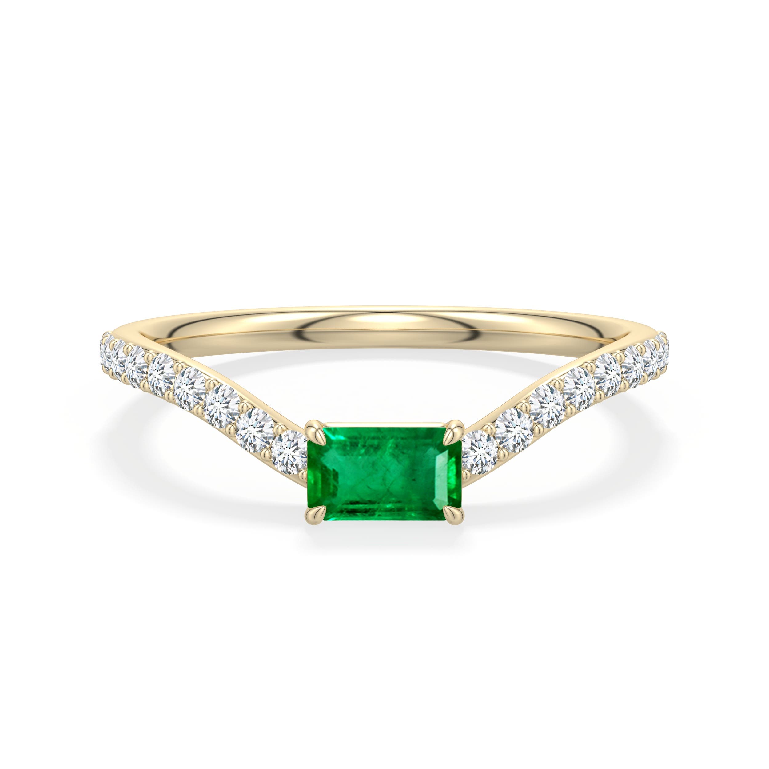5x3mm AAA East-West Emerald-Cut Emerald Curved Engagement Ring with Accents in 18K Yellow Gold - main