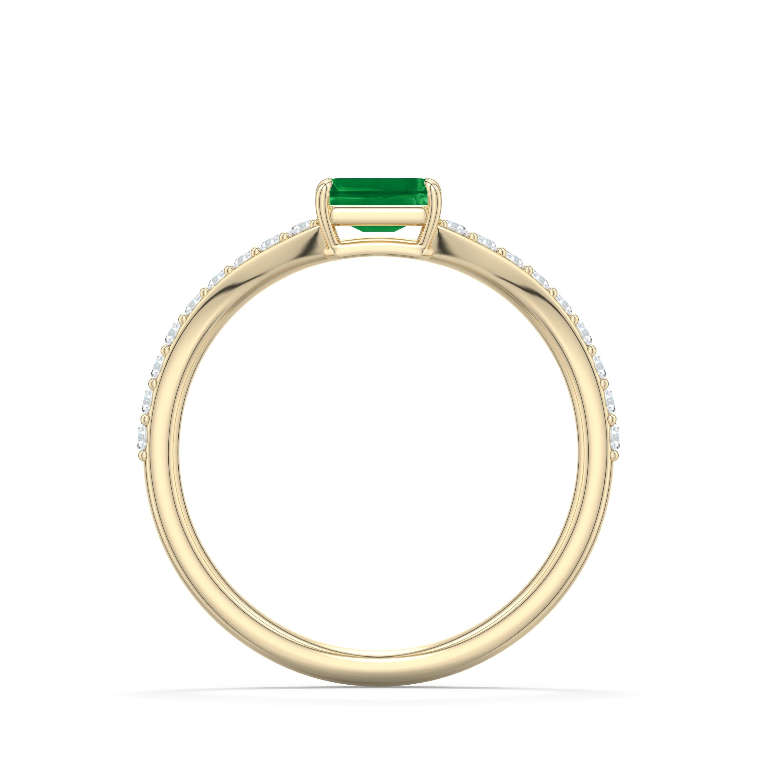 5x3mm AAA East-West Emerald-Cut Emerald Curved Engagement Ring with Accents in 18K Yellow Gold - side 1
