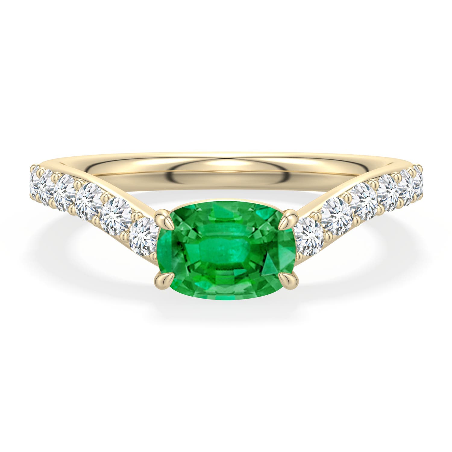7x5mm AAA East-West Cushion Rectangular Emerald Curved Engagement Ring with Accents in Yellow Gold - main