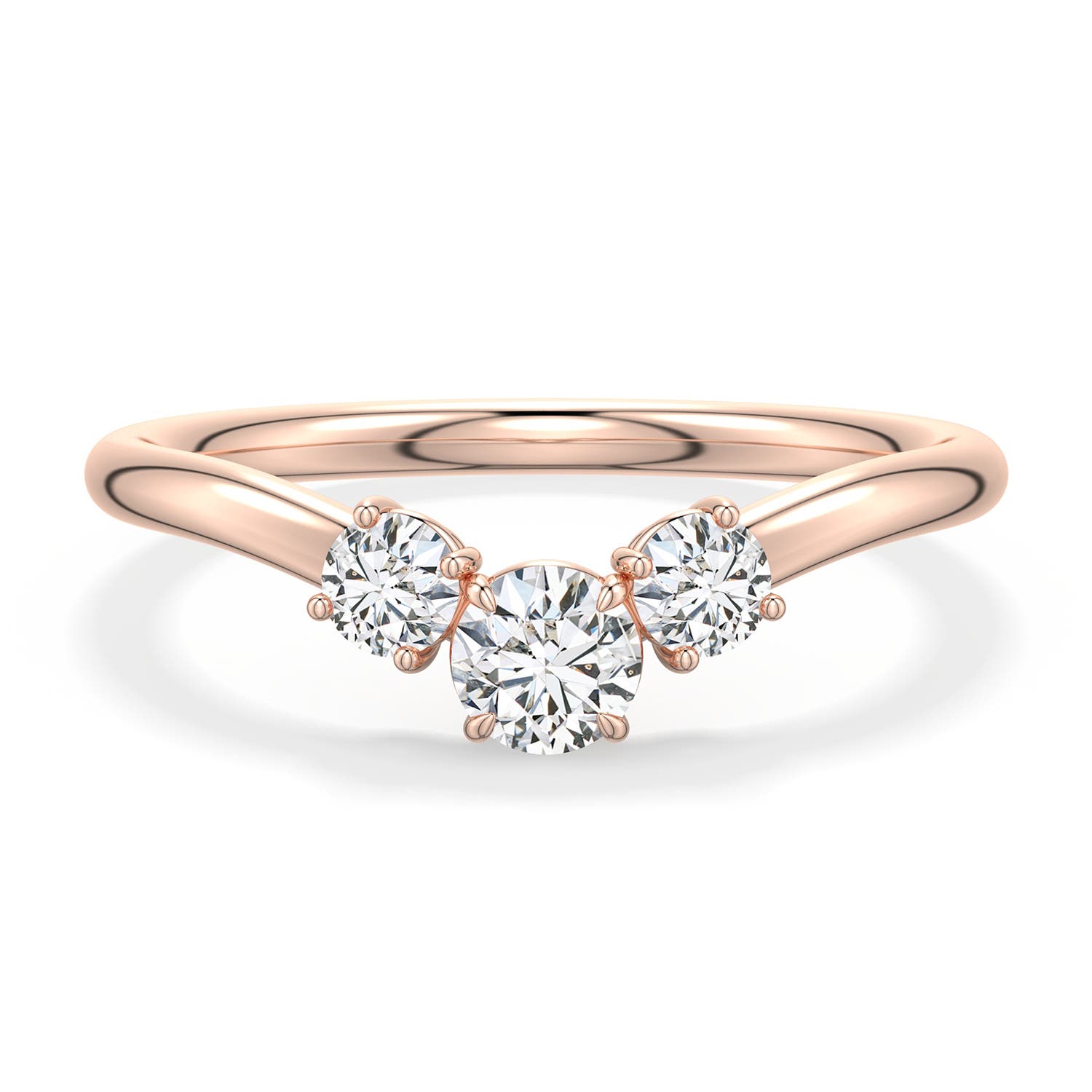 4.1mm HSI2 Round Diamond Three-Stone Curved Engagement Ring in 18K Rose Gold - main