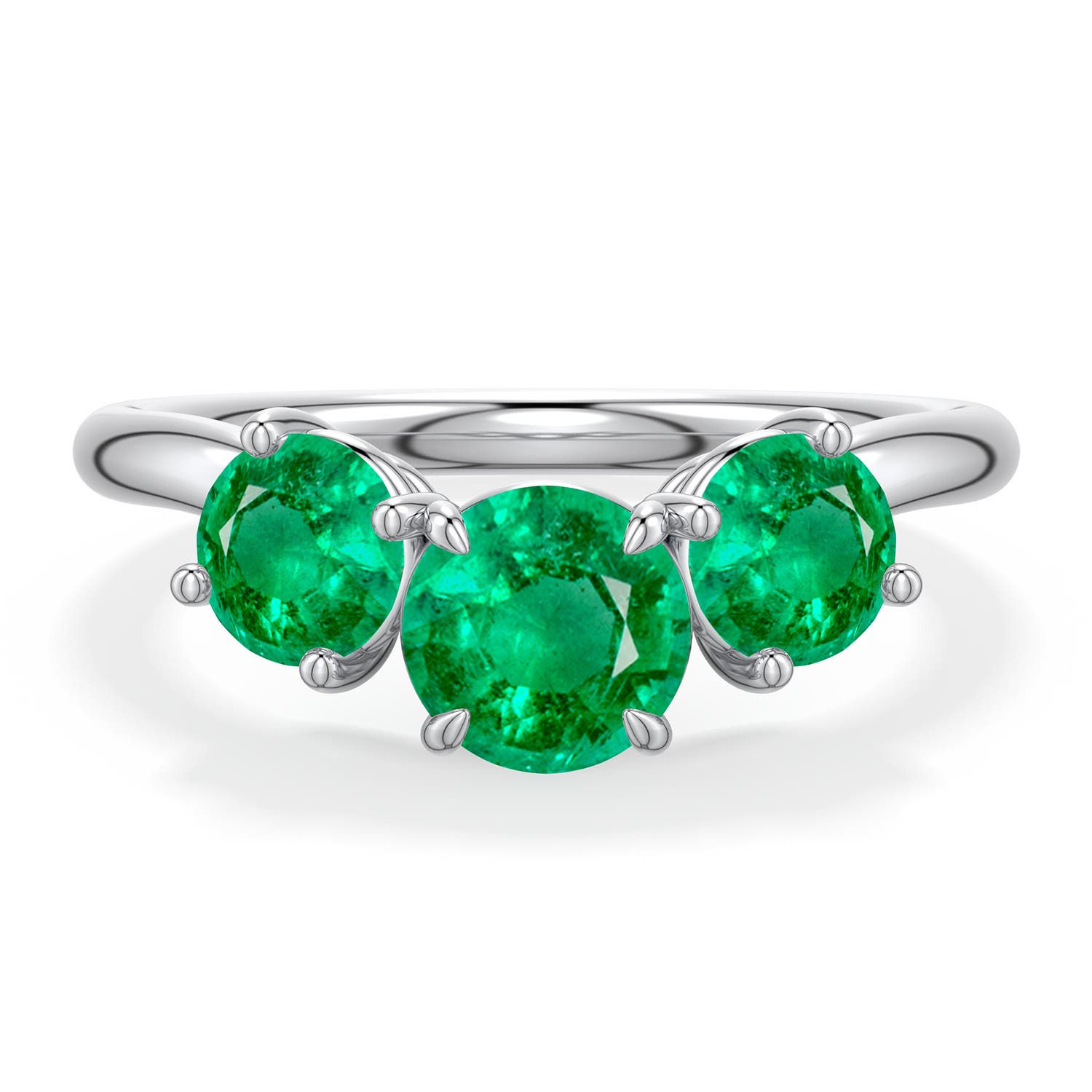 6mm AAA Round Emerald Three-Stone Curved Engagement Ring in White Gold - main
