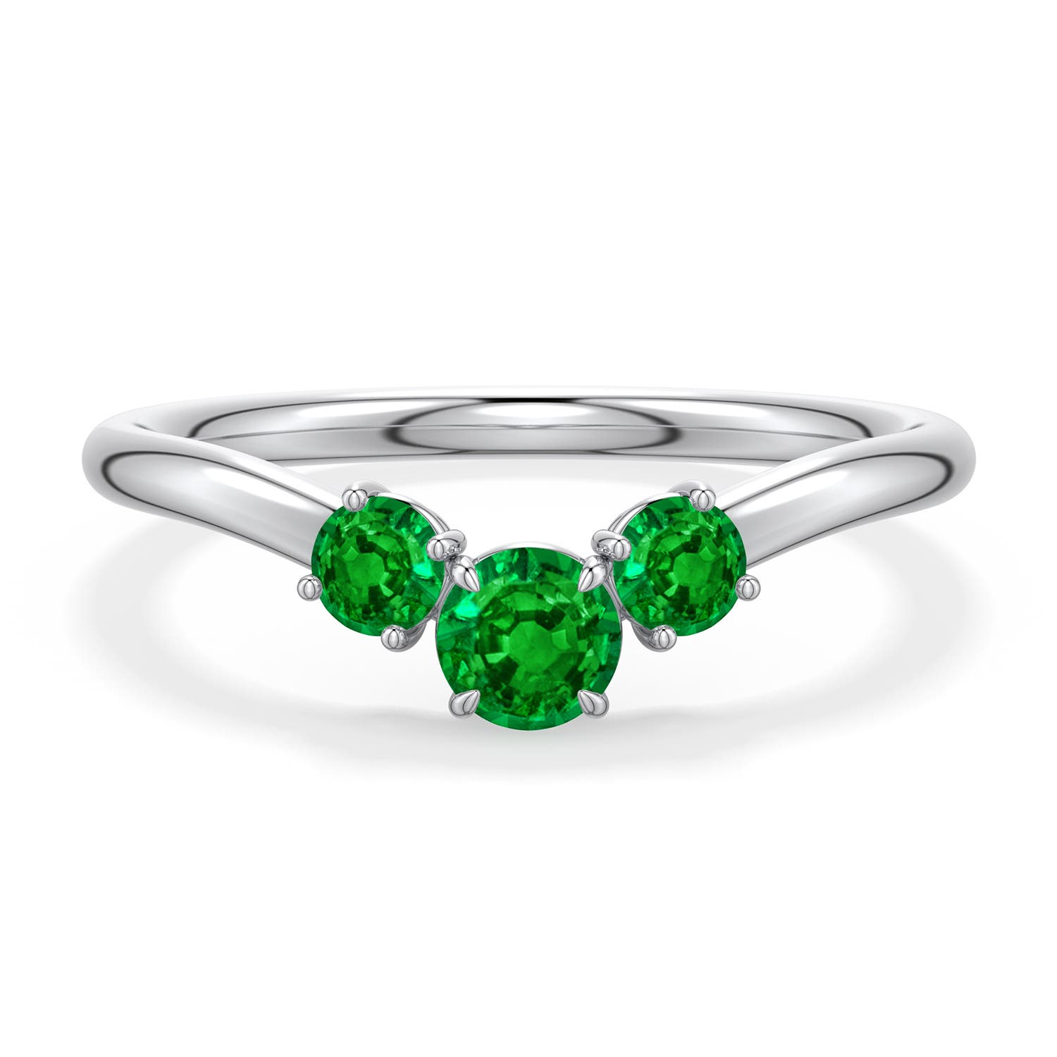 4mm AAAA Round Emerald Three-Stone Curved Engagement Ring in White Gold - main