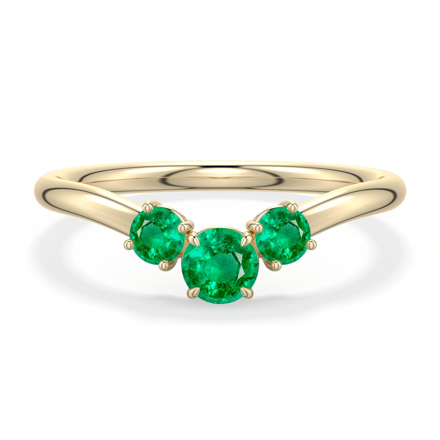4mm AAA Round Emerald Three-Stone Curved Engagement Ring in Yellow Gold - main