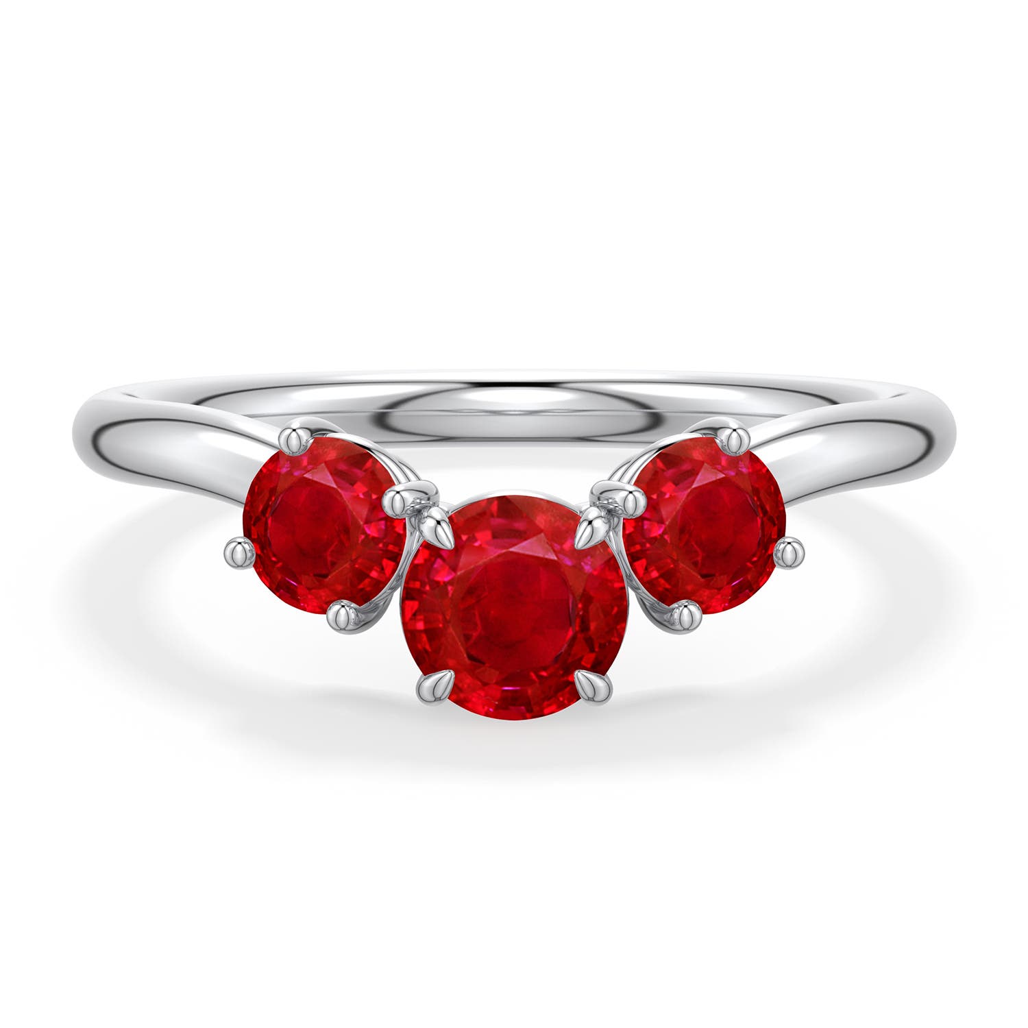 5mm AAA Round Ruby Three-Stone Curved Engagement Ring in White Gold - main