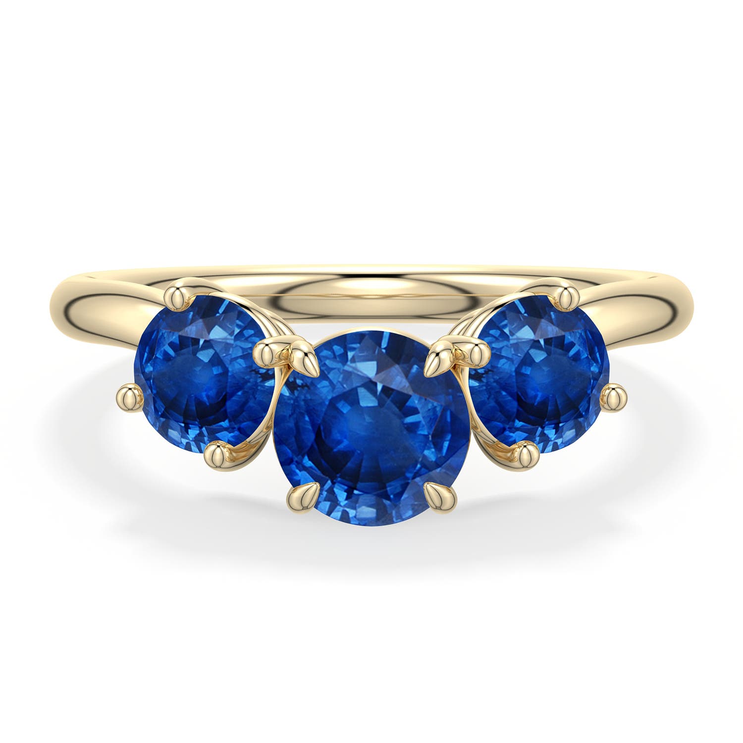 6mm AAA Round Blue Sapphire Three-Stone Curved Engagement Ring in Yellow Gold - main