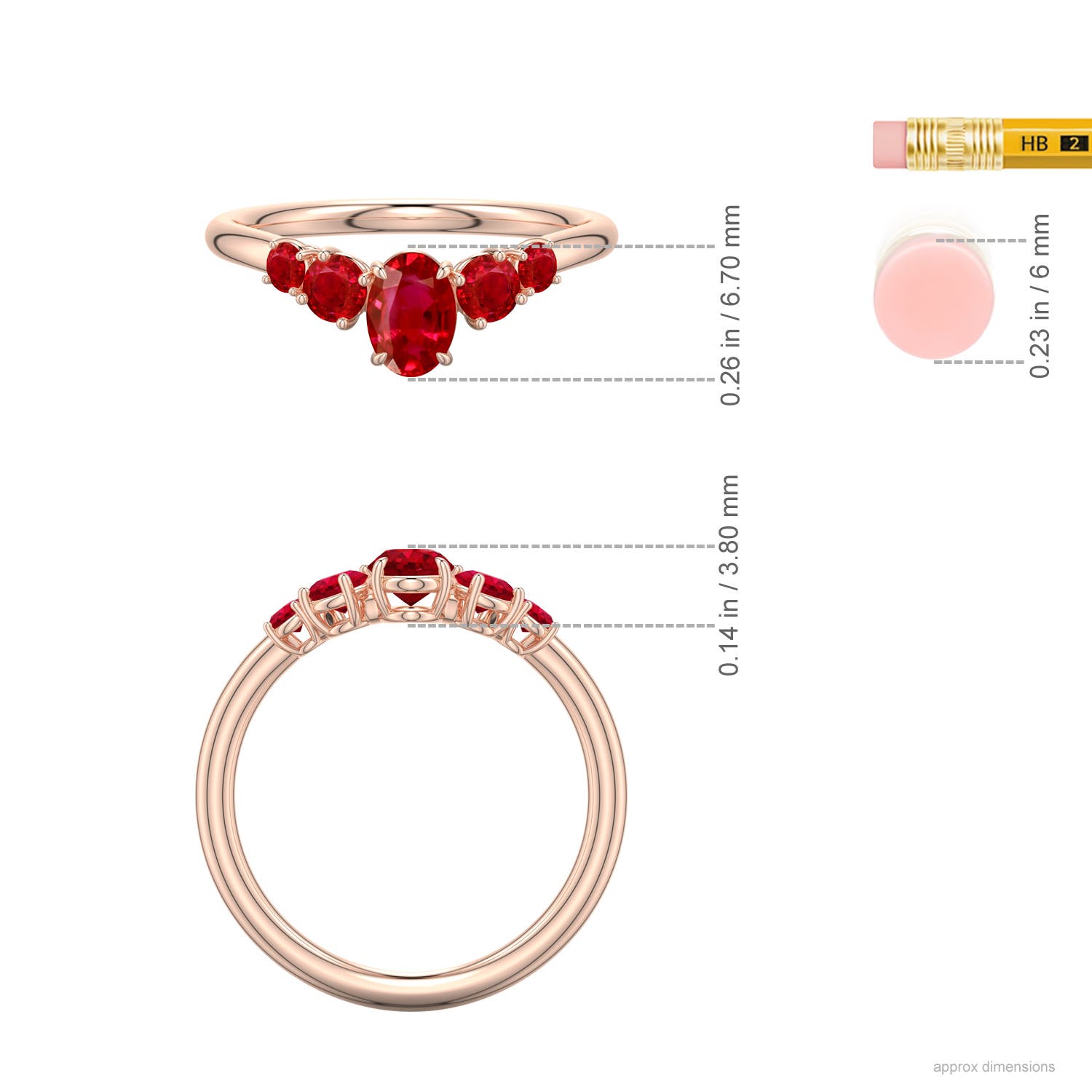 6x4mm AAA Oval Ruby Graduated Side Stone Engagement Ring in Rose Gold - ruler - ruler