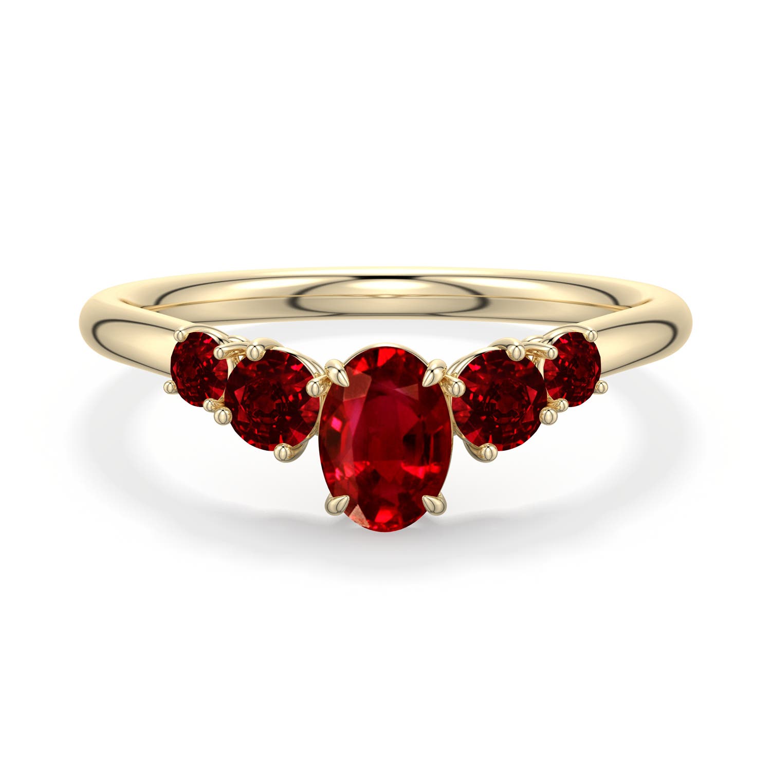 6x4mm AAAA Oval Ruby Graduated Side Stone Engagement Ring in Yellow Gold - main