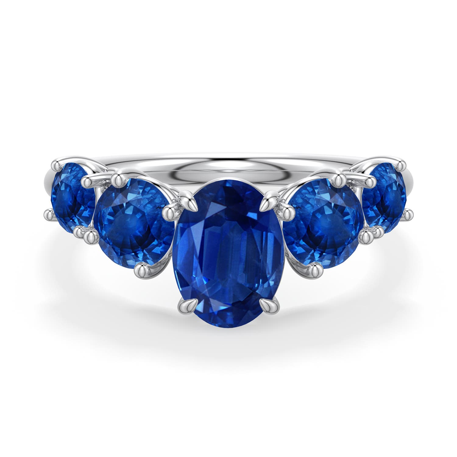 8x6mm AAA Oval Blue Sapphire Graduated Side Stone Engagement Ring in White Gold - main