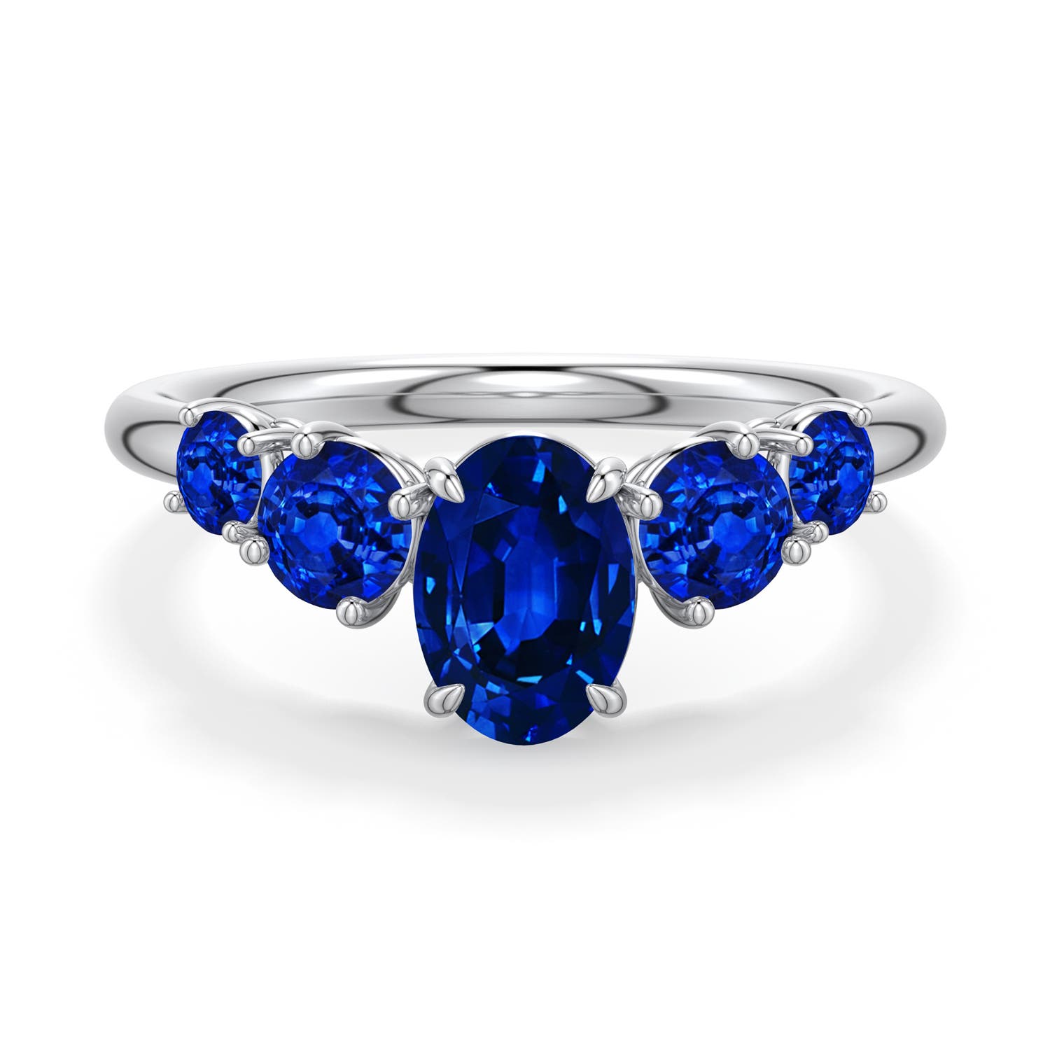 7x5mm AAAA Oval Blue Sapphire Graduated Side Stone Engagement Ring in White Gold - main