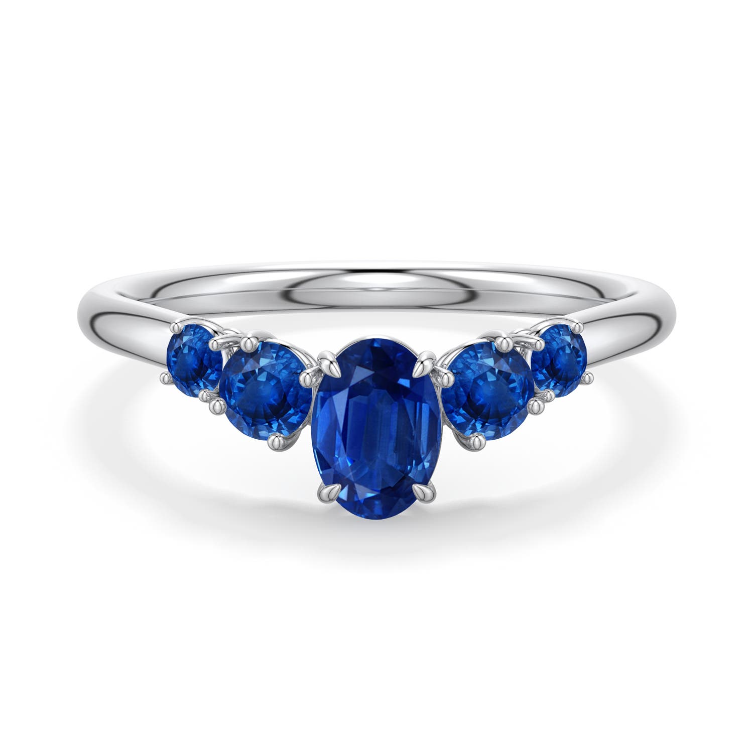 6x4mm AAA Oval Blue Sapphire Graduated Side Stone Engagement Ring in 18K White Gold - main