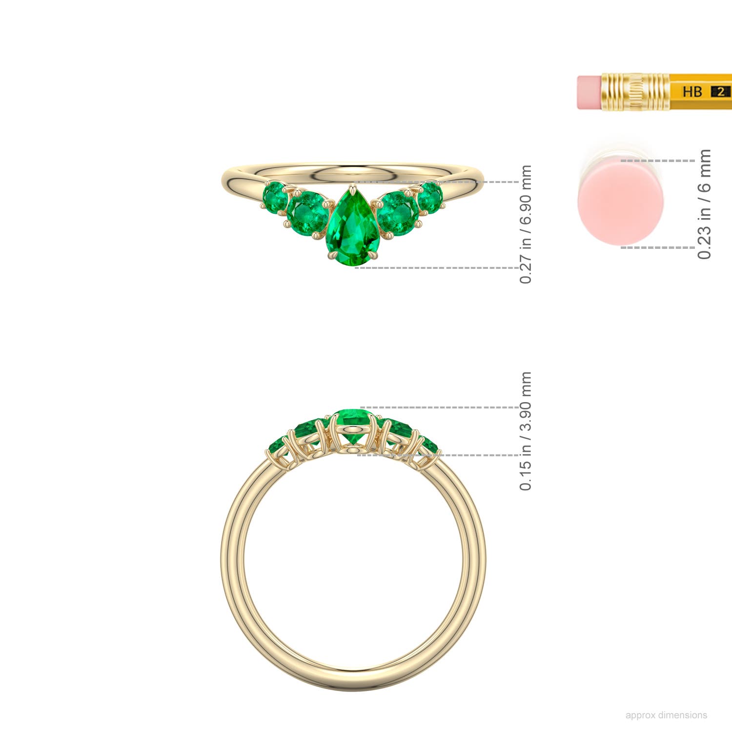 6x4mm AAA Pear Emerald Graduated Side Stone Engagement Ring in Yellow Gold - ruler - ruler