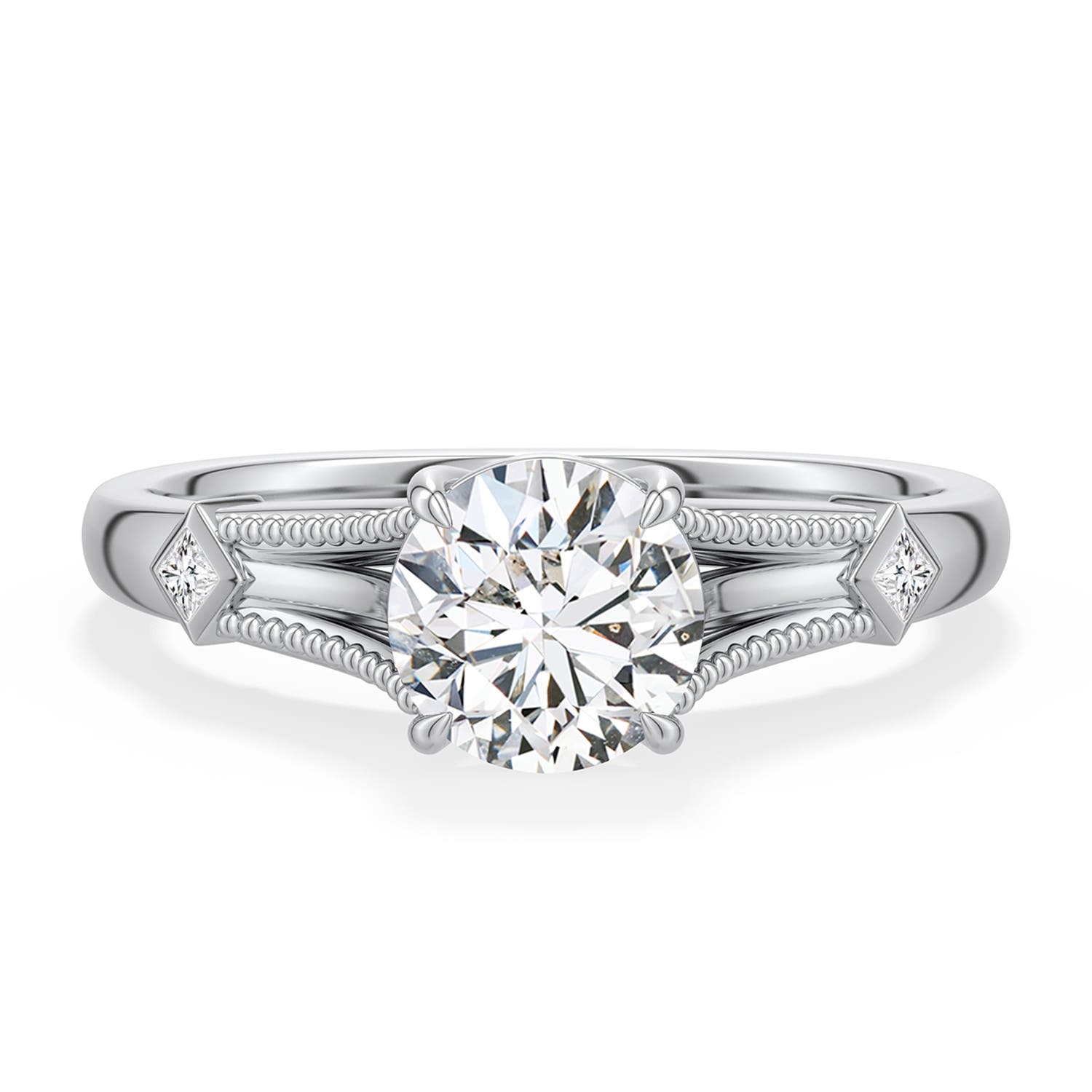 6.4mm HSI2 Round Diamond Cathedral Engagement Ring with Accents in White Gold - main