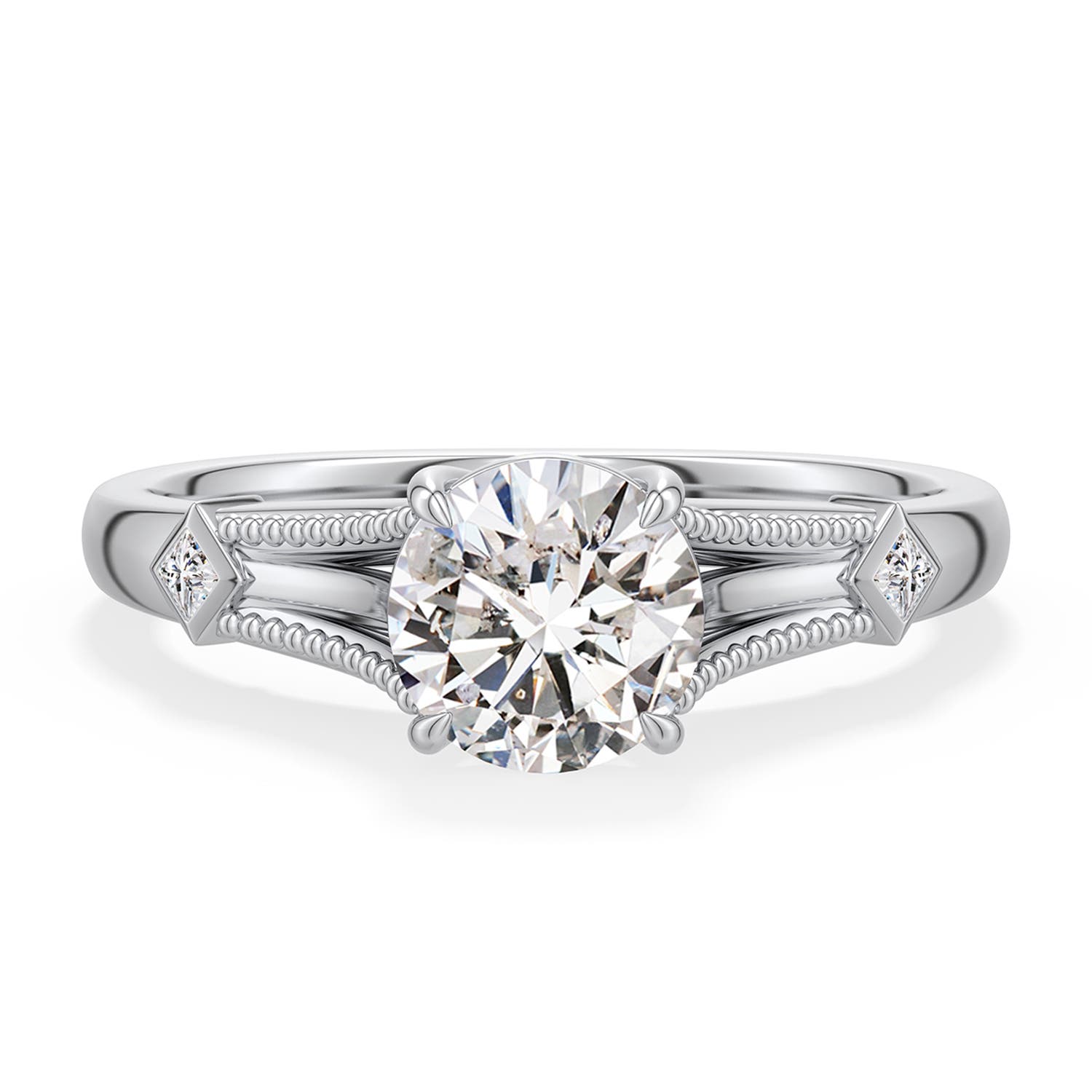 6.4mm IJI1I2 Round Diamond Cathedral Engagement Ring with Accents in 18K White Gold - main