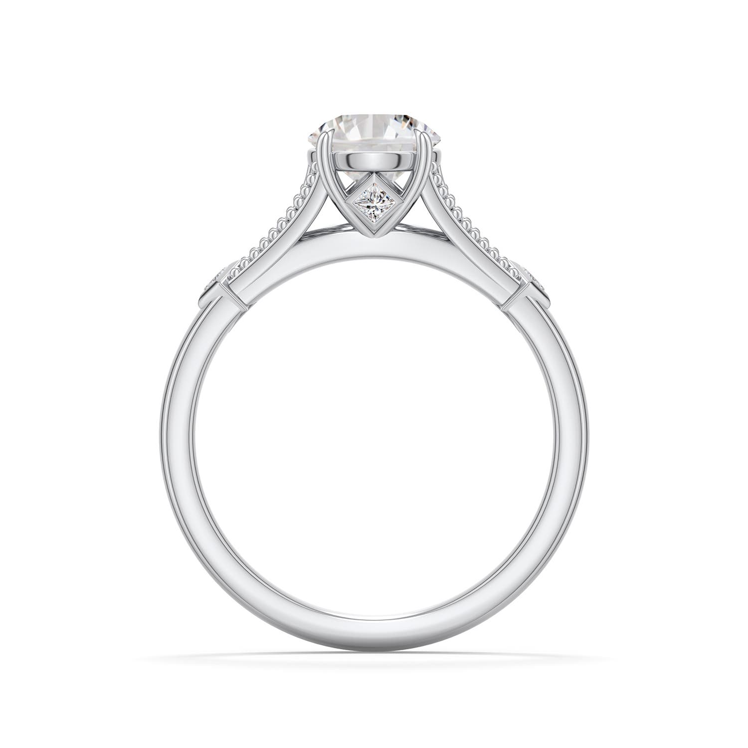 6.4mm IJI1I2 Round Diamond Cathedral Engagement Ring with Accents in 18K White Gold - side 1