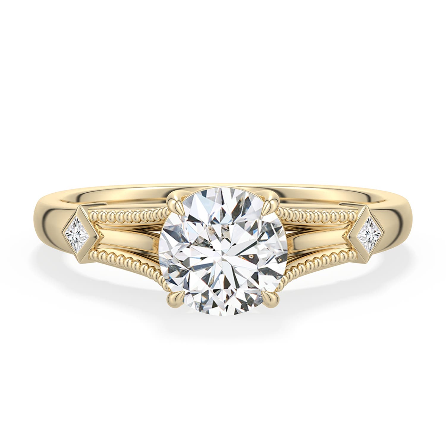 6.4mm HSI2 Round Diamond Cathedral Engagement Ring with Accents in 18K Yellow Gold - main