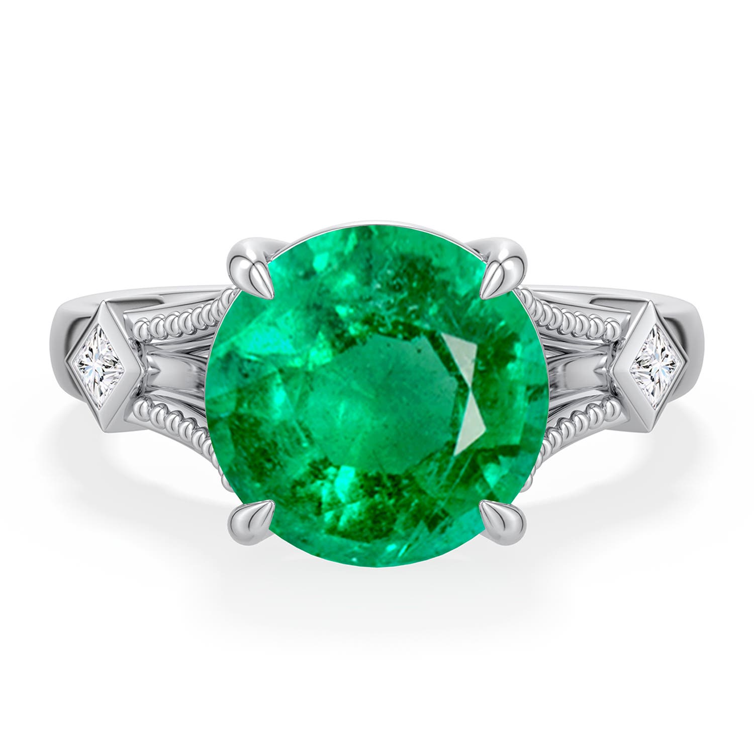 10mm AAA Round Emerald Cathedral Engagement Ring with Accents in White Gold - main