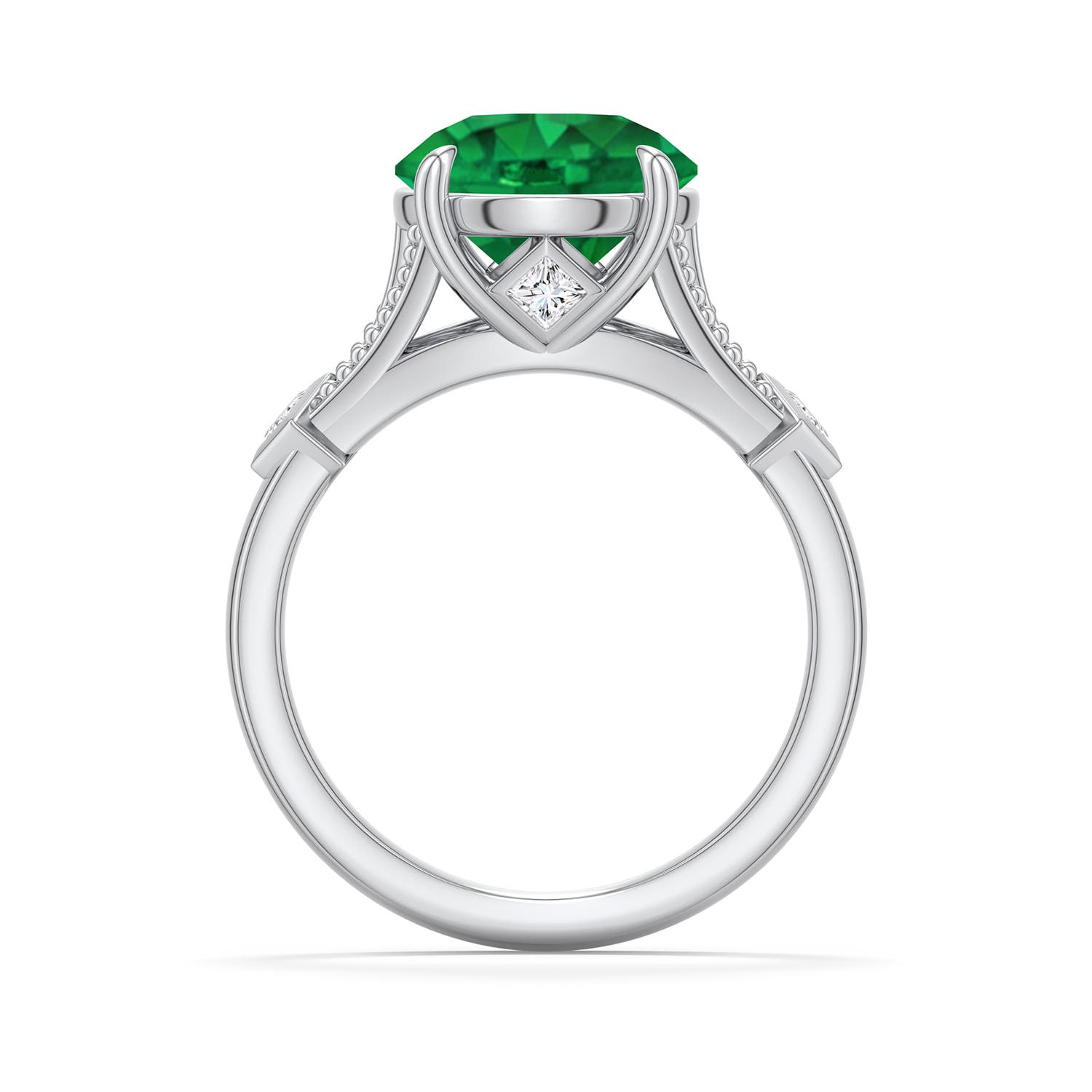 10mm AAA Round Emerald Cathedral Engagement Ring with Accents in White Gold - side 1