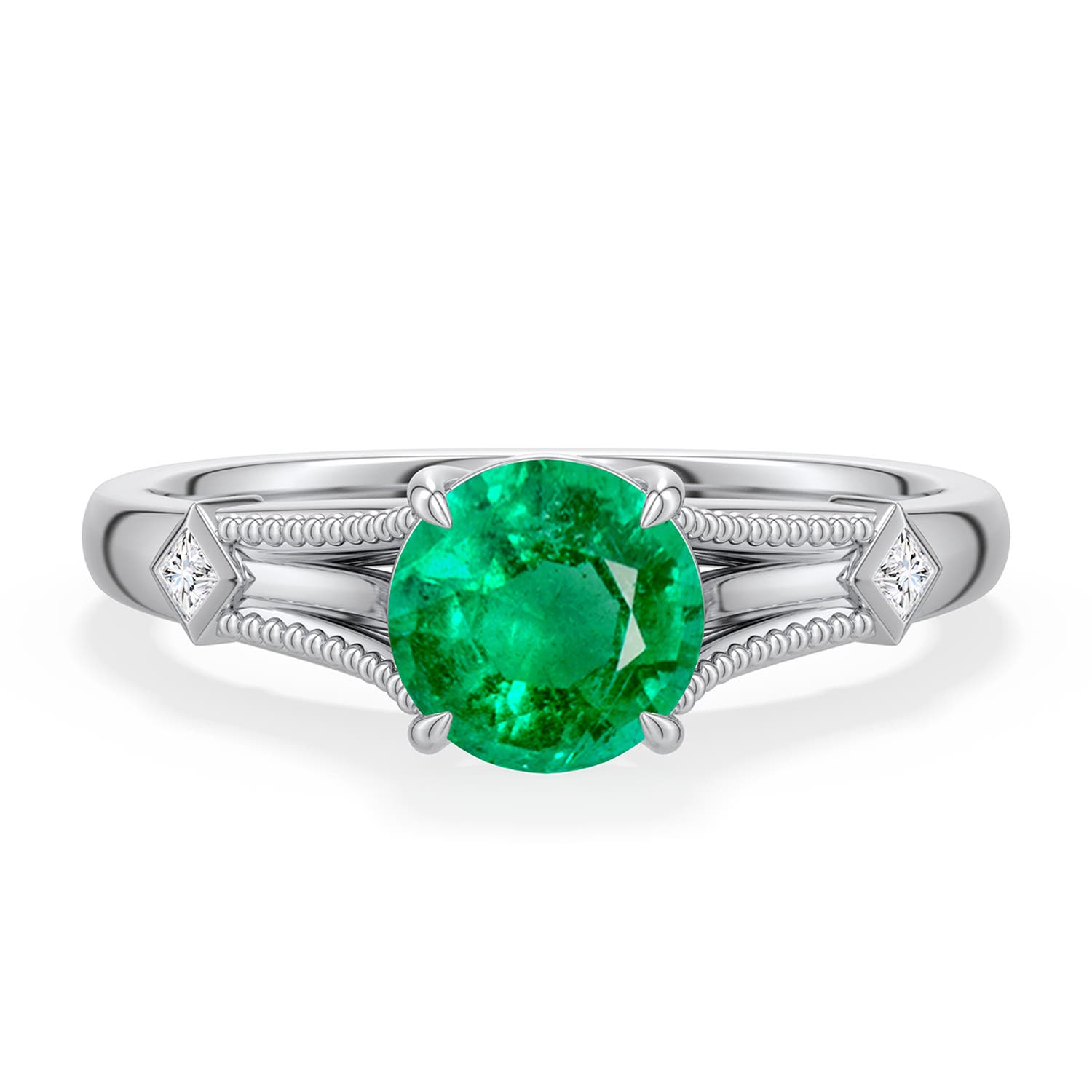 6.5mm AAA Round Emerald Cathedral Engagement Ring with Accents in White Gold - main