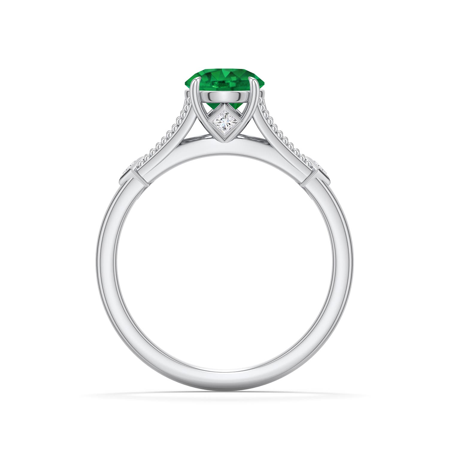 6.5mm AAA Round Emerald Cathedral Engagement Ring with Accents in White Gold - side 1