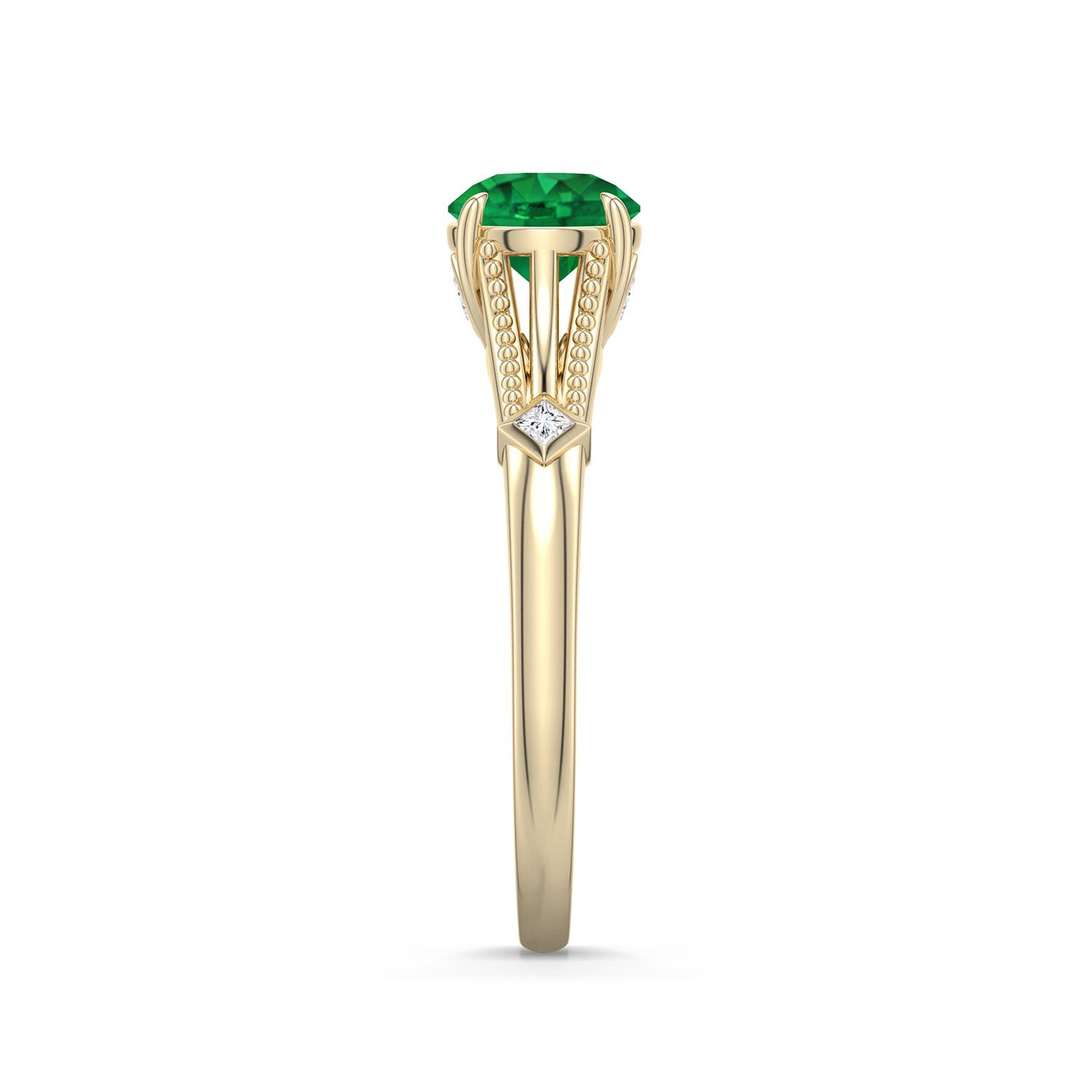 6.5mm AAA Round Emerald Cathedral Engagement Ring with Accents in Yellow Gold - side 2 - side 3