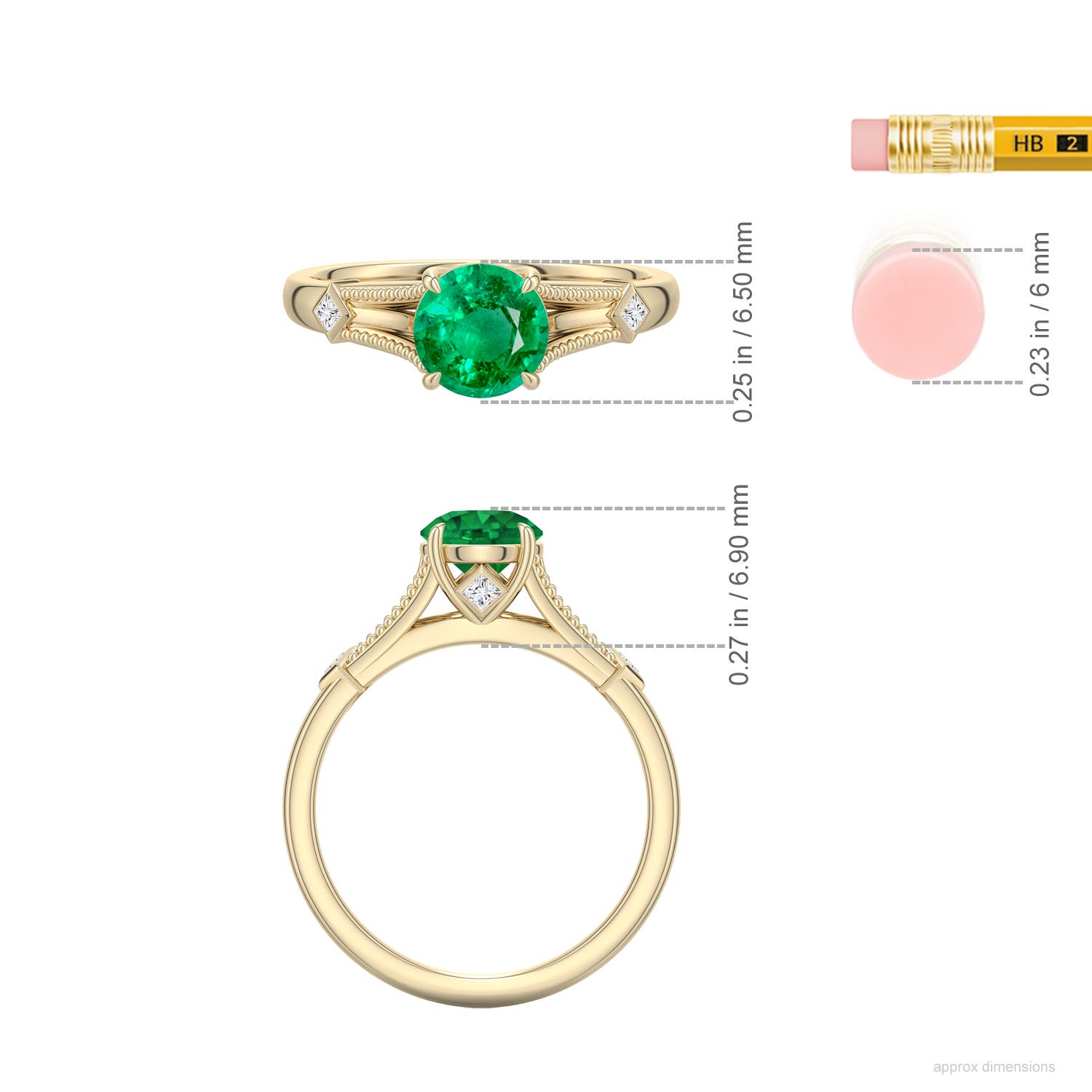 6.5mm AAA Round Emerald Cathedral Engagement Ring with Accents in Yellow Gold - ruler - ruler