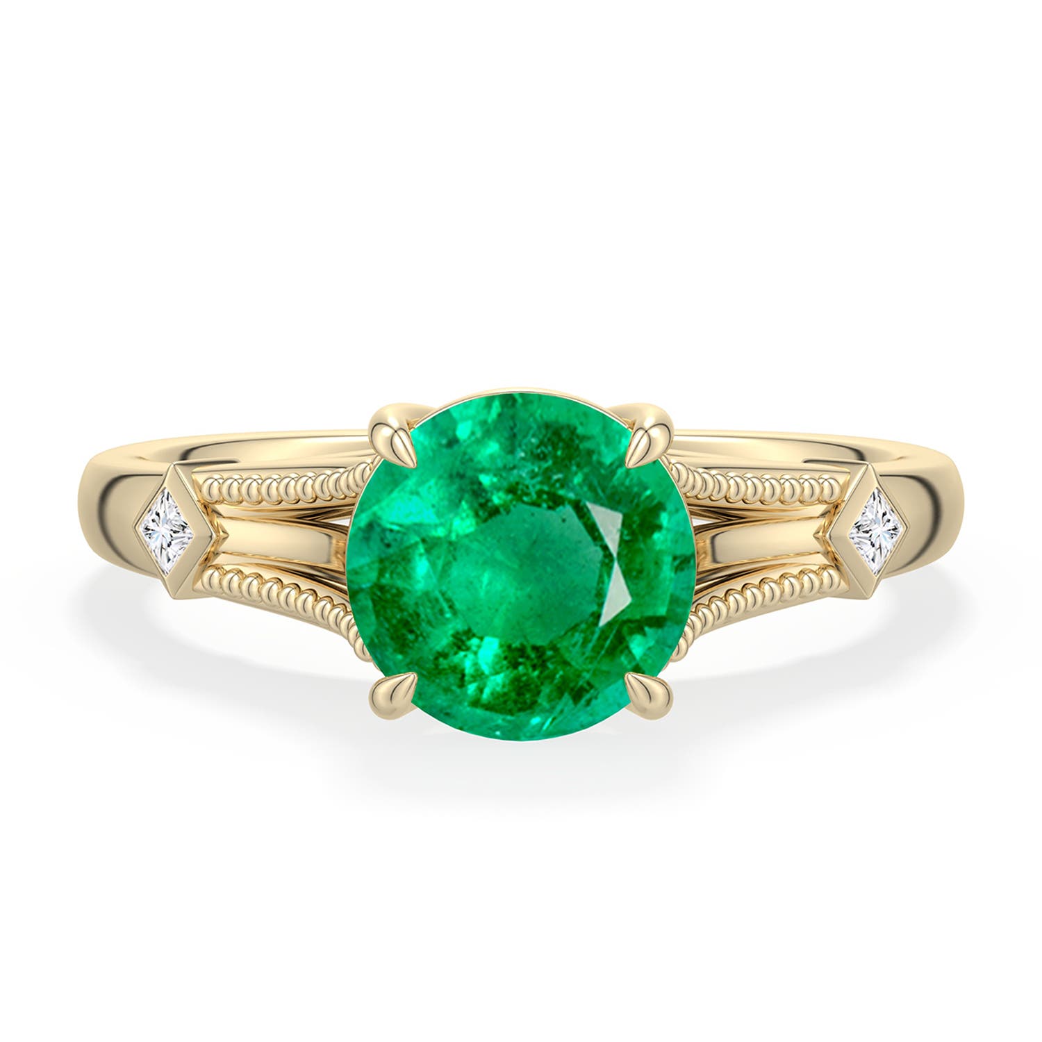 7.5mm AAA Round Emerald Cathedral Engagement Ring with Accents in Yellow Gold - main