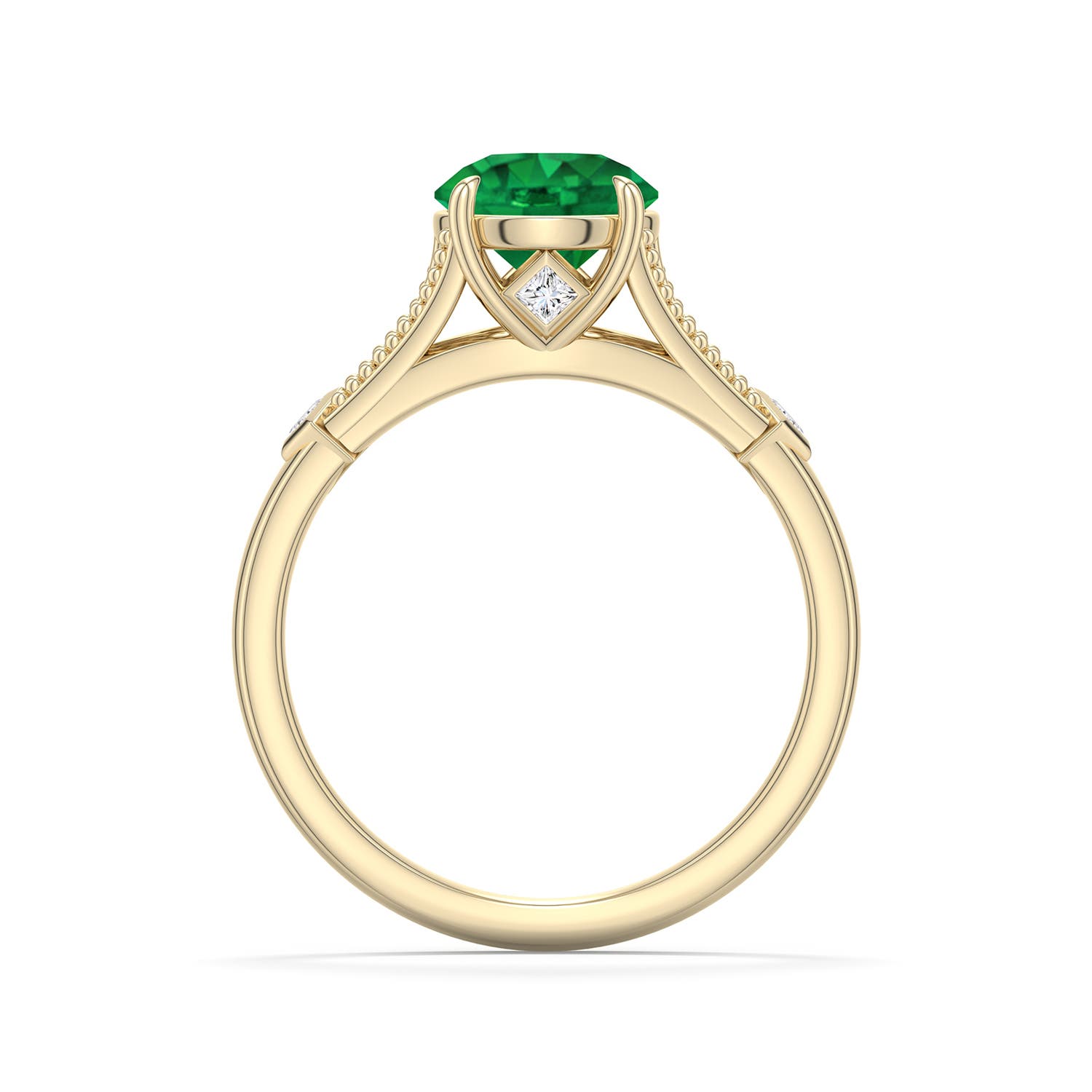 7.5mm AAA Round Emerald Cathedral Engagement Ring with Accents in Yellow Gold - side 1
