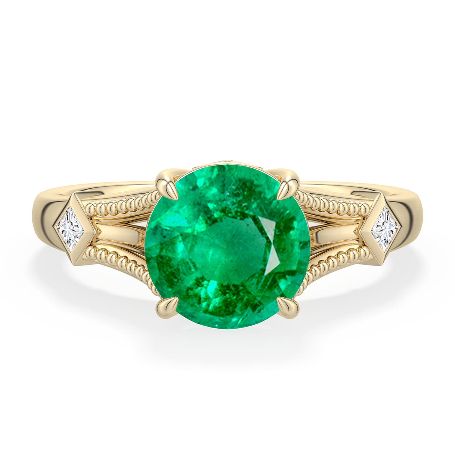 8mm AAA Round Emerald Cathedral Engagement Ring with Accents in Yellow Gold - main
