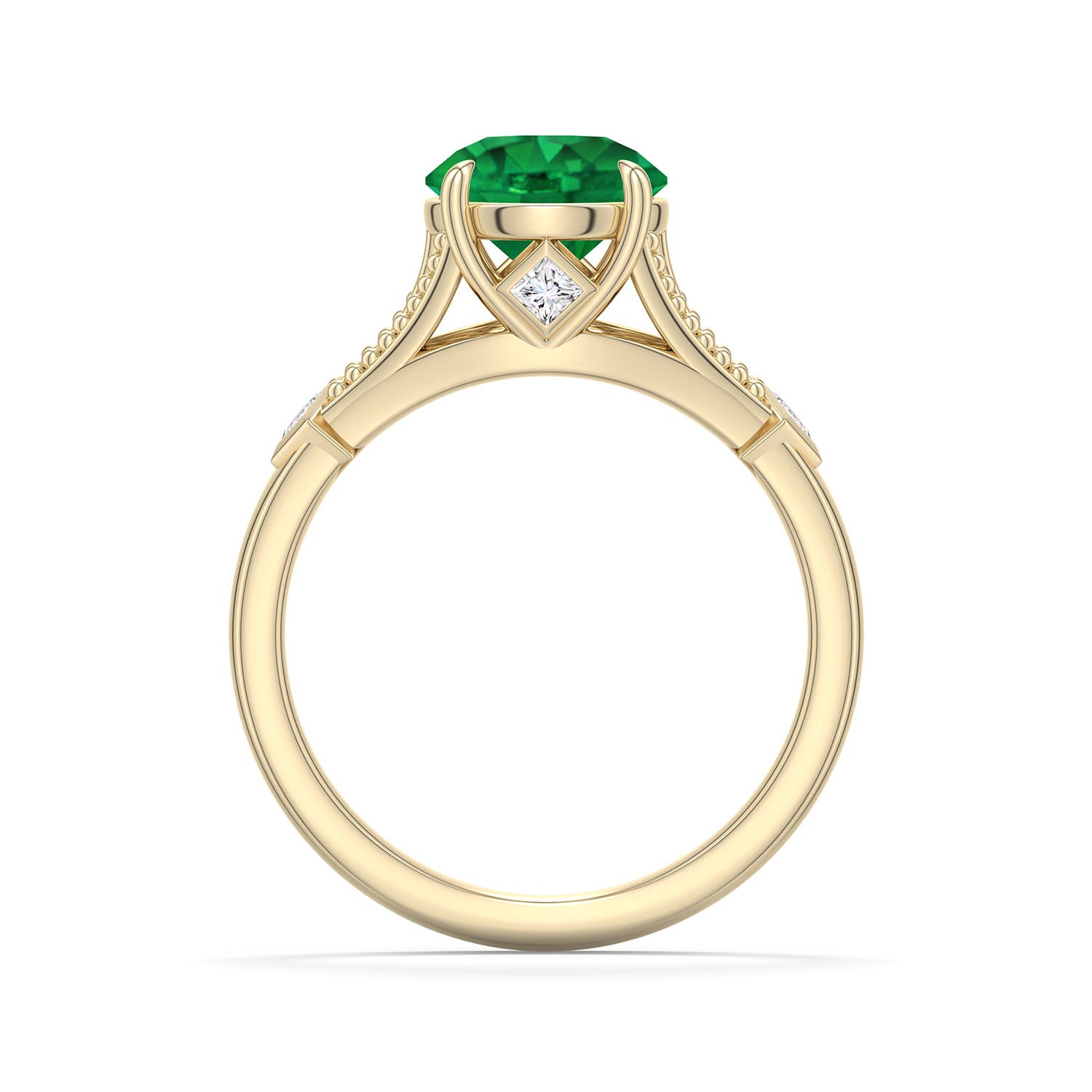 8mm AAA Round Emerald Cathedral Engagement Ring with Accents in Yellow Gold - side 1