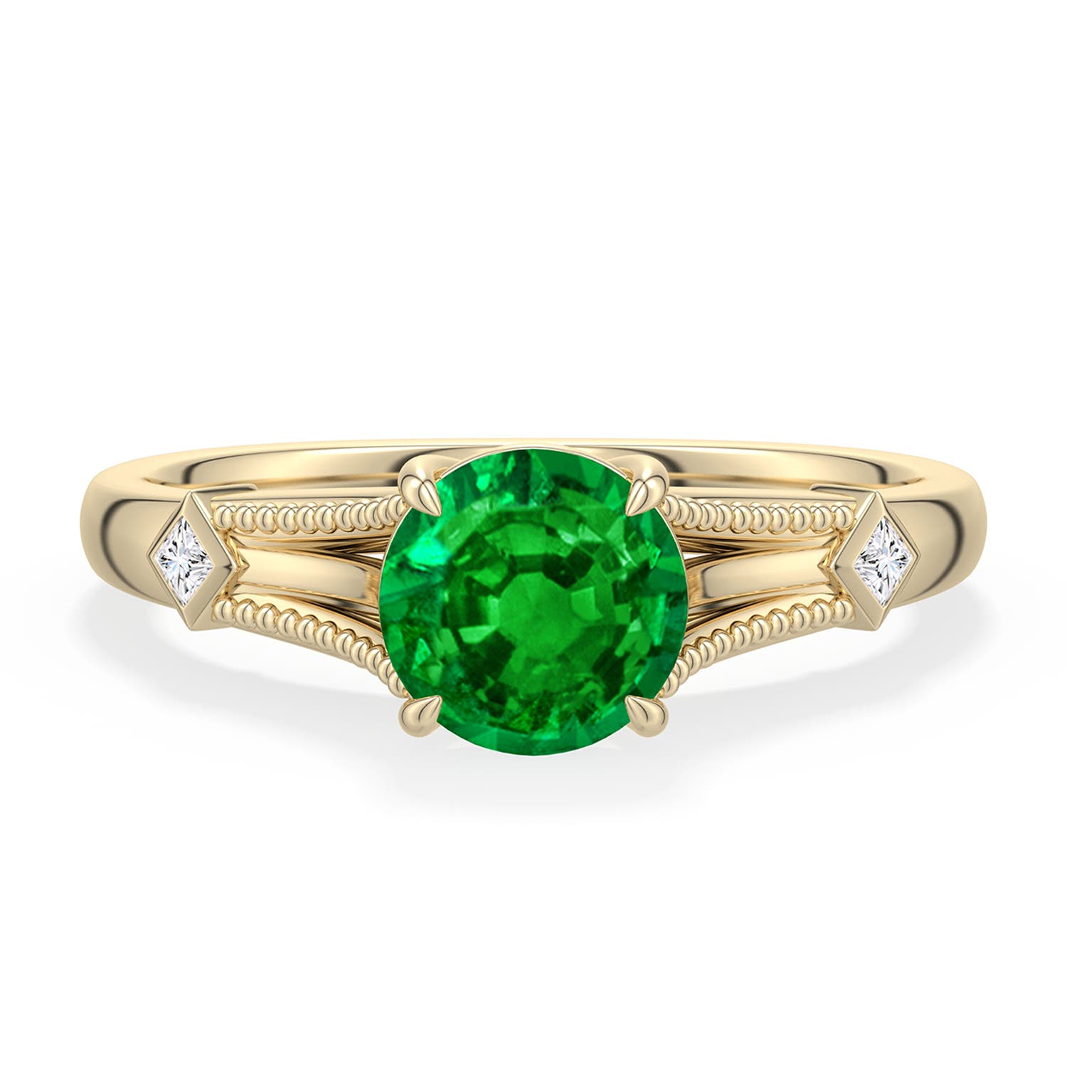 6.5mm AAAA Round Emerald Cathedral Engagement Ring with Accents in Yellow Gold - main