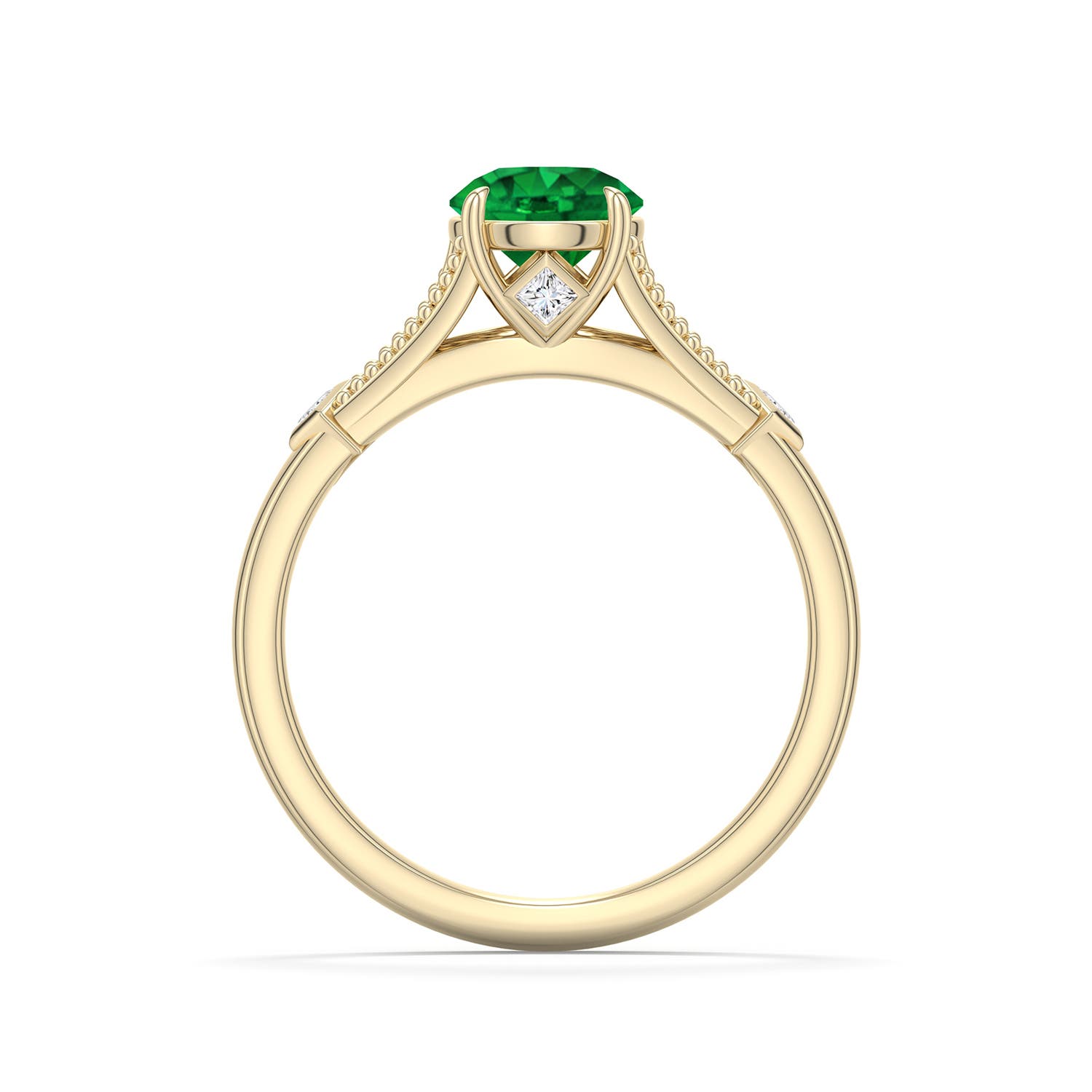 6.5mm AAAA Round Emerald Cathedral Engagement Ring with Accents in Yellow Gold - side 1