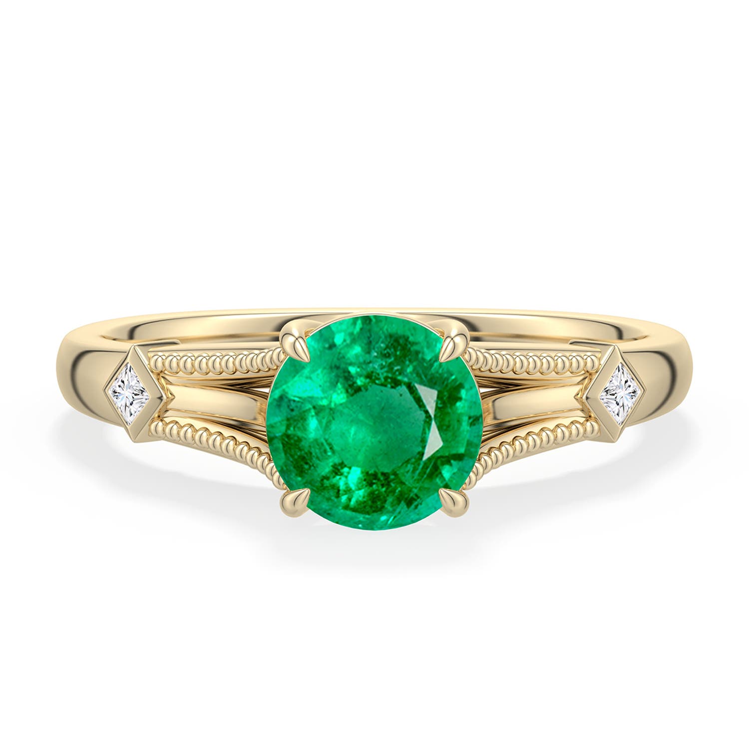 6.5mm AAA Round Emerald Cathedral Engagement Ring with Accents in 18K Yellow Gold - main