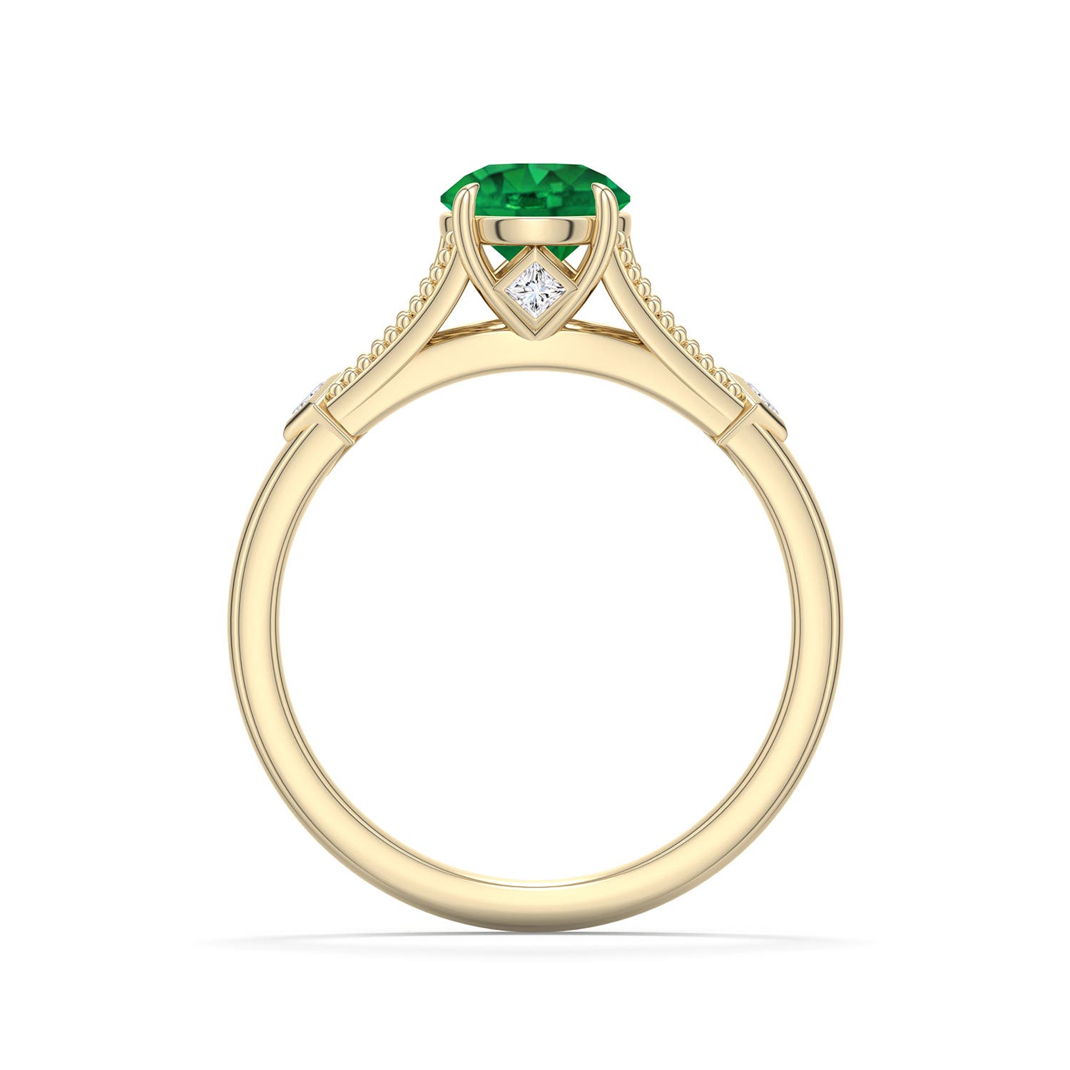 6.5mm AAA Round Emerald Cathedral Engagement Ring with Accents in 18K Yellow Gold - side 1