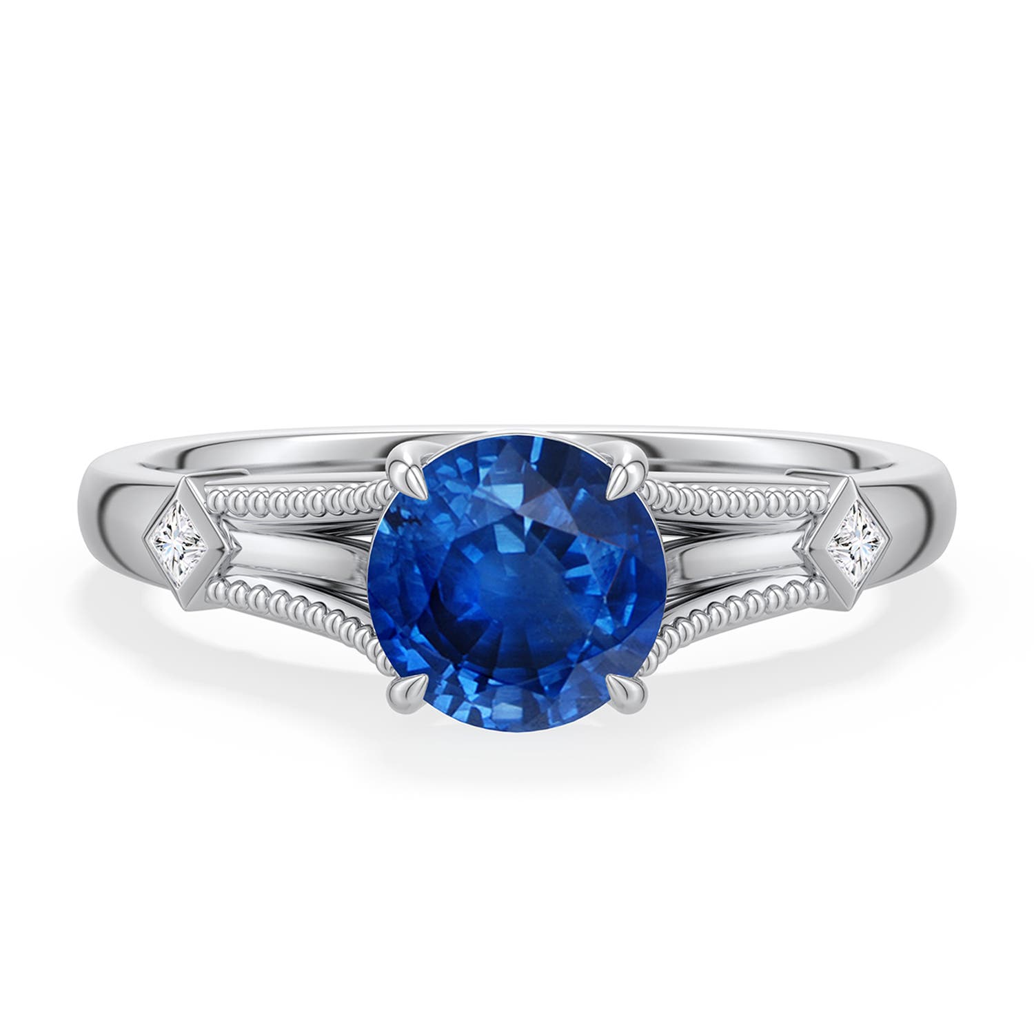 6.5mm AAA Round Blue Sapphire Cathedral Engagement Ring with Accents in White Gold - main