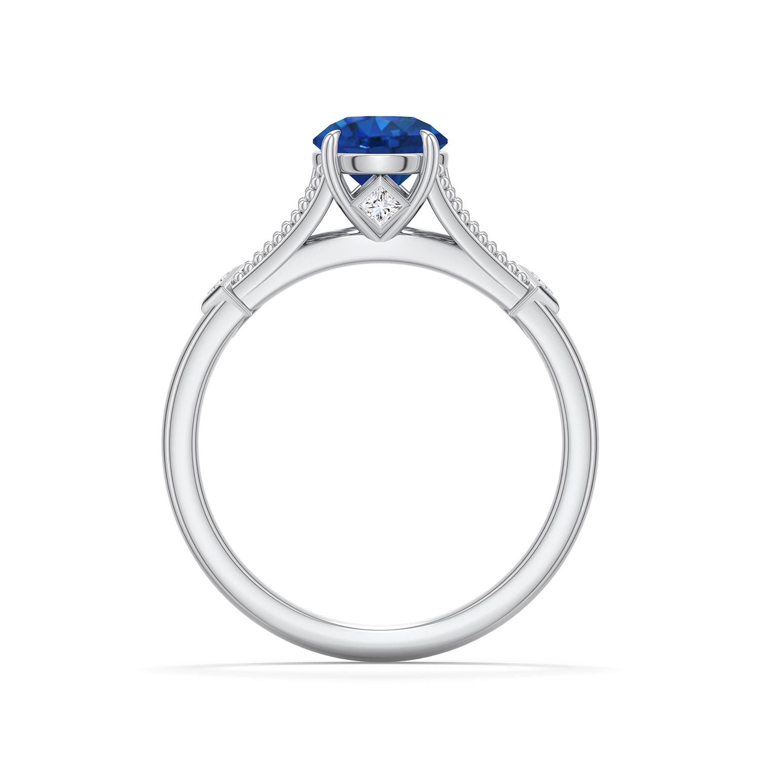 6.5mm AAA Round Blue Sapphire Cathedral Engagement Ring with Accents in White Gold - side 1 - side 2