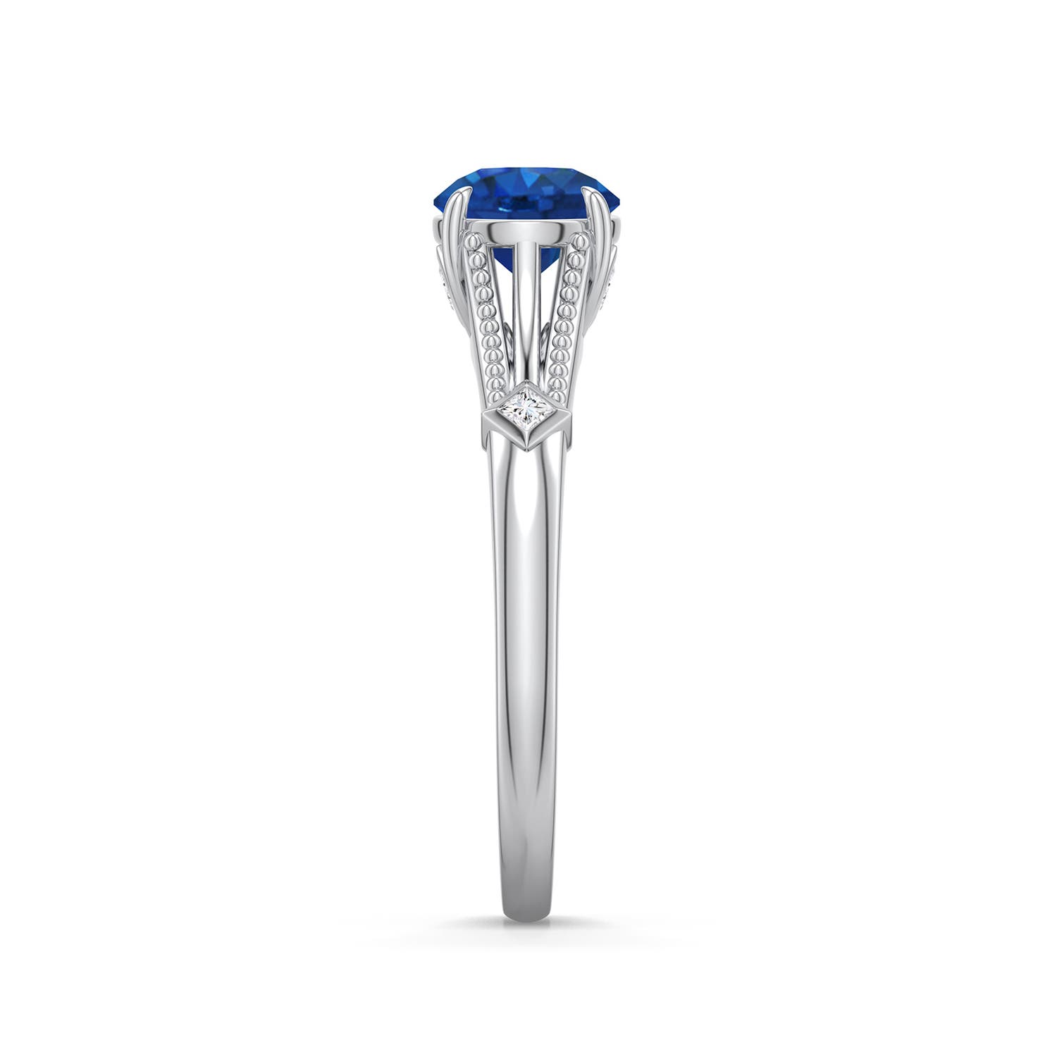 6.5mm AAA Round Blue Sapphire Cathedral Engagement Ring with Accents in White Gold - side 2 - side 3