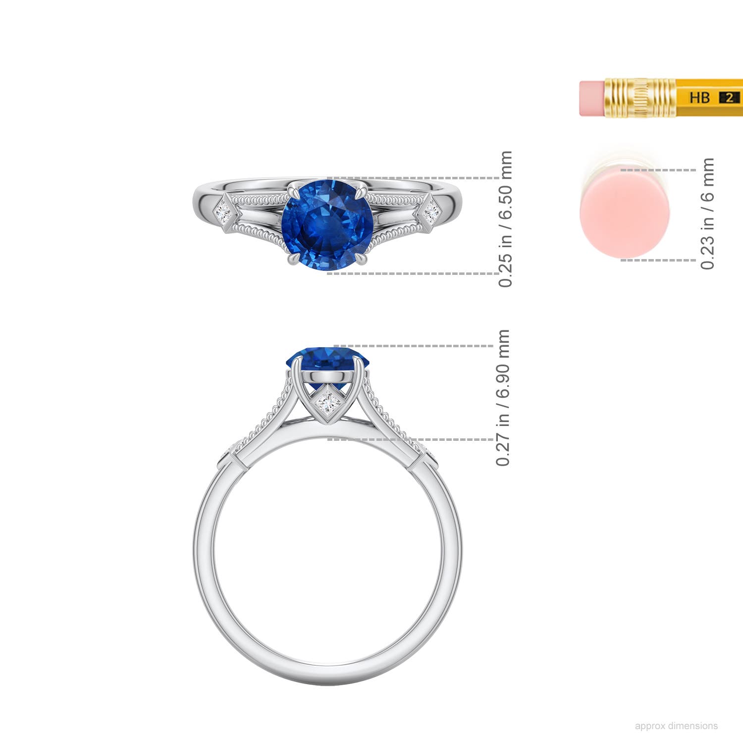 6.5mm AAA Round Blue Sapphire Cathedral Engagement Ring with Accents in White Gold - ruler - ruler