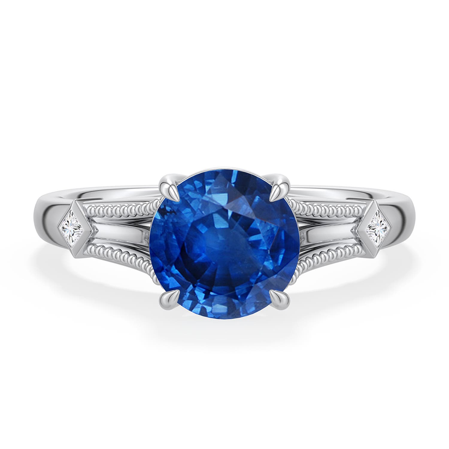 7.5mm AAA Round Blue Sapphire Cathedral Engagement Ring with Accents in White Gold - main
