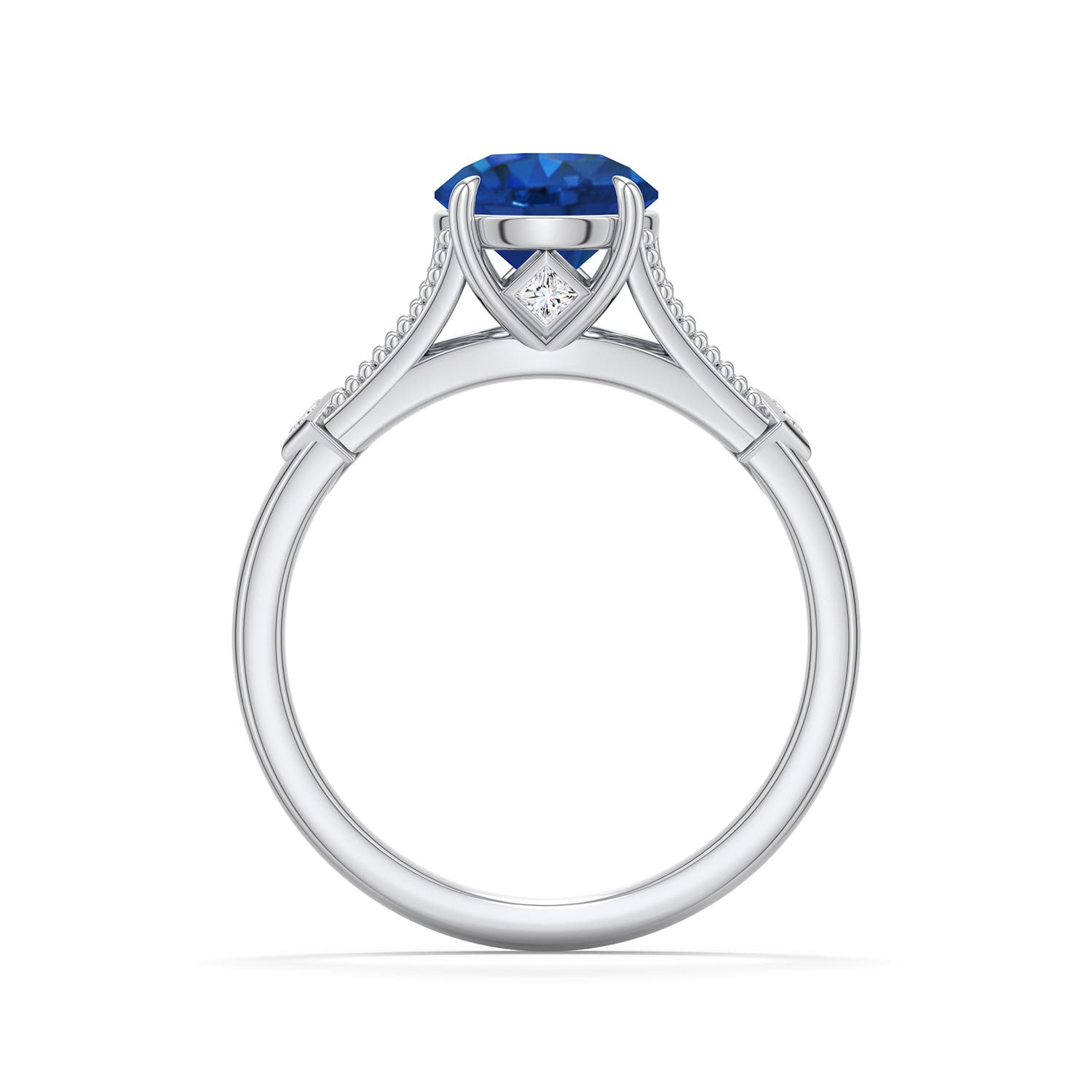 7.5mm AAA Round Blue Sapphire Cathedral Engagement Ring with Accents in White Gold - side 1