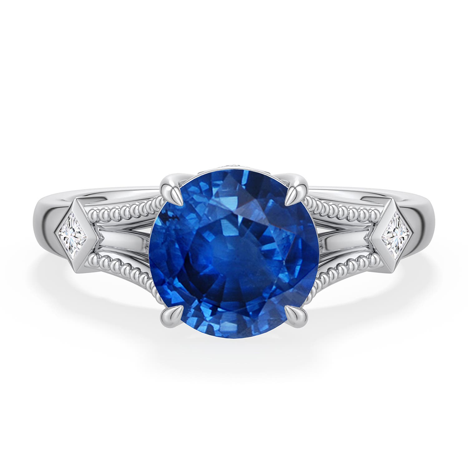 8mm AAA Round Blue Sapphire Cathedral Engagement Ring with Accents in White Gold - main